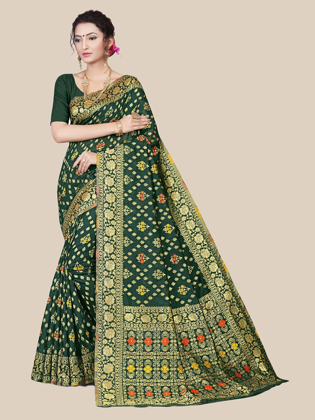 

UNITED LIBERTY Green & Gold-Toned Woven Design Zari Art Silk Block Print Saree