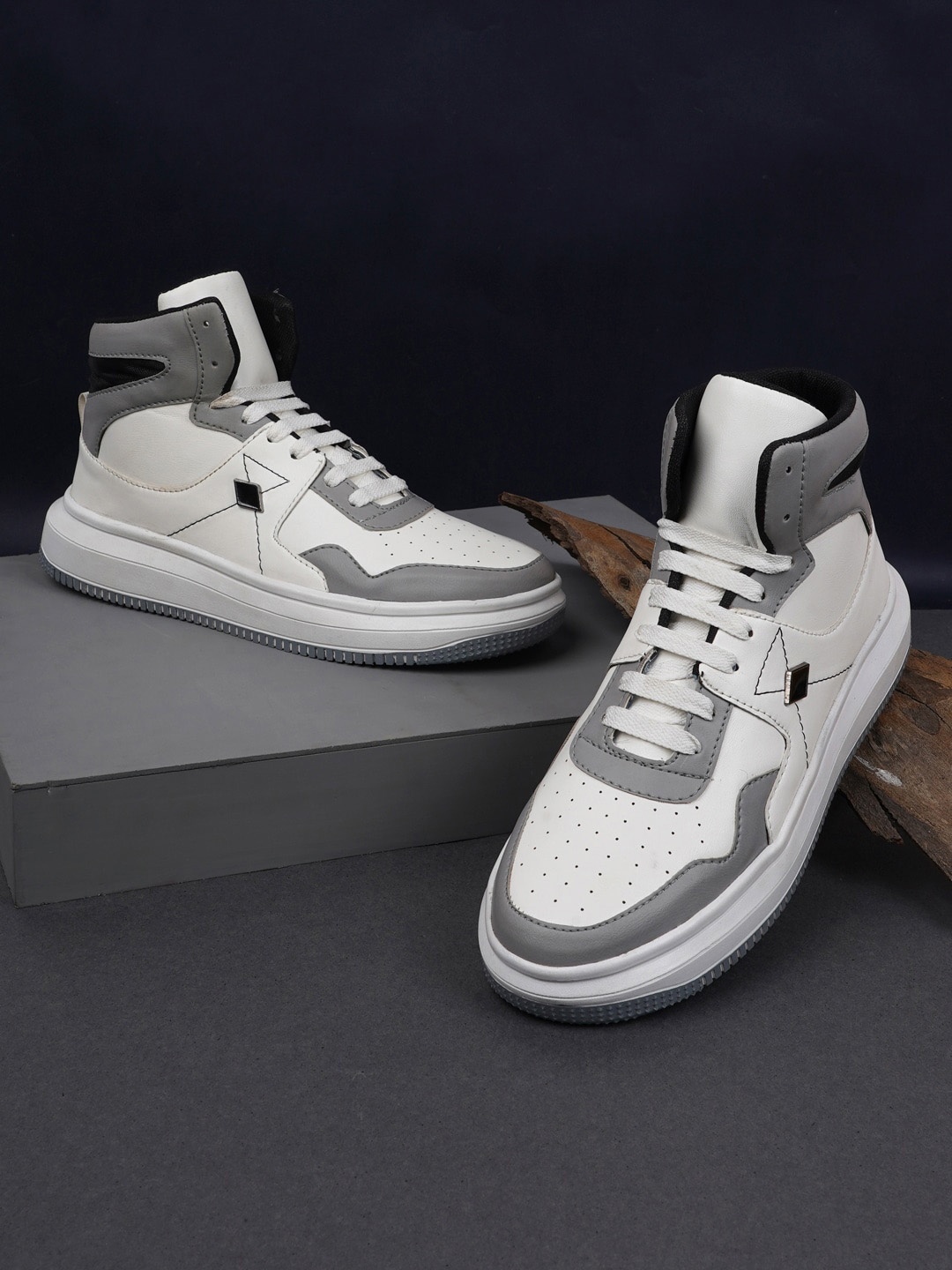 

Get Glamr Men Grey & White Perforations High-Top Smart Casual Sneakers