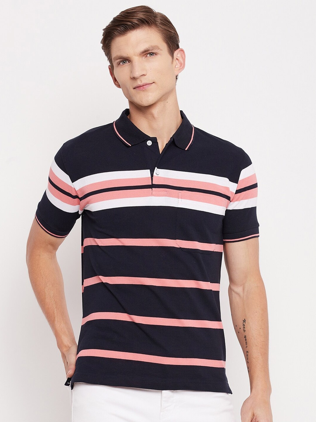 

FirstKrush Men Navy Blue & Peach-Coloured Striped Polo Collar Regular T-shirt