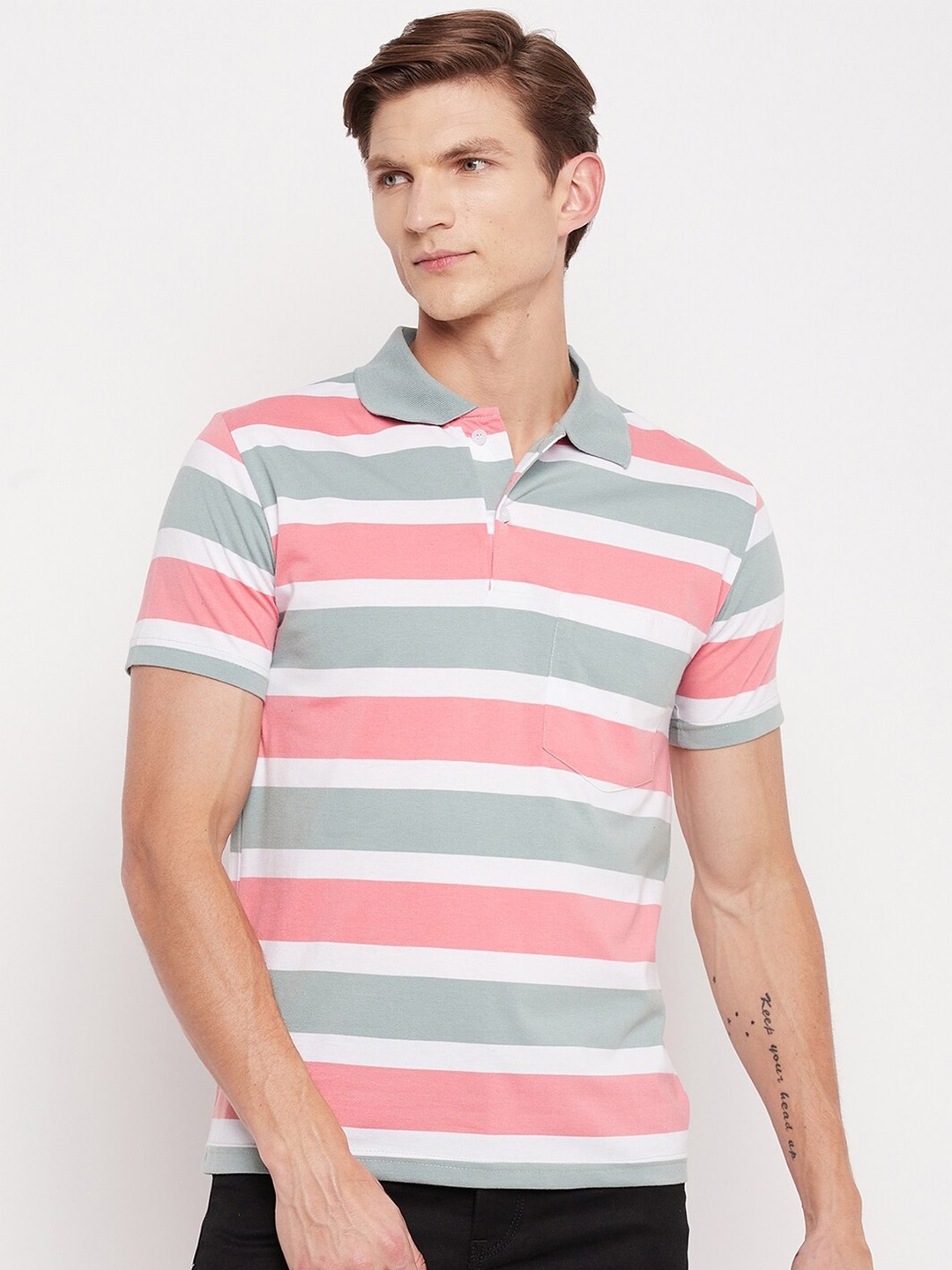 

FirstKrush Men Peach-Coloured & White Striped Polo Collar Regular T-shirt
