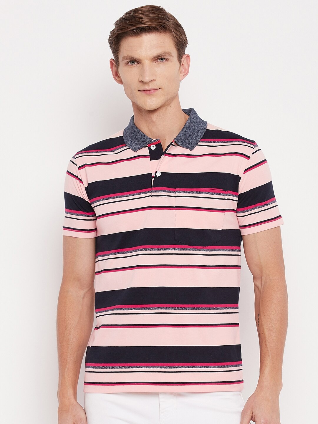 

FirstKrush Men Peach-Coloured & Navy Blue Striped Polo Collar T-shirt