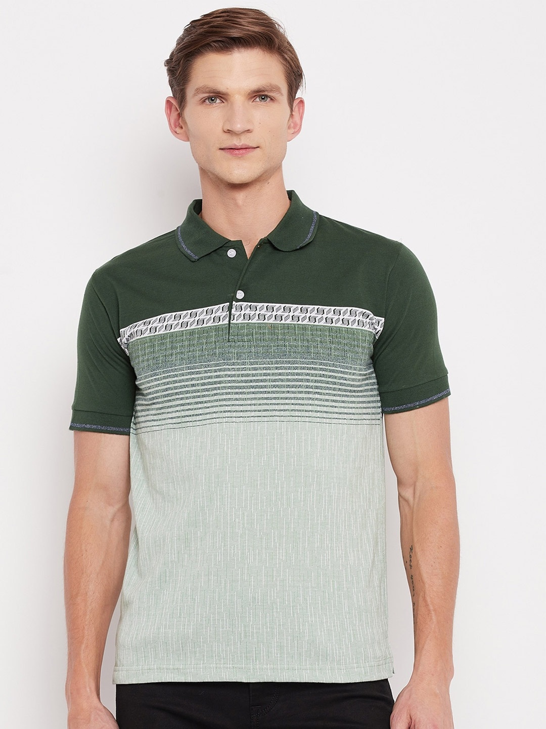 

FirstKrush Men Olive Green & Green Striped Polo Collar Regular T-shirt