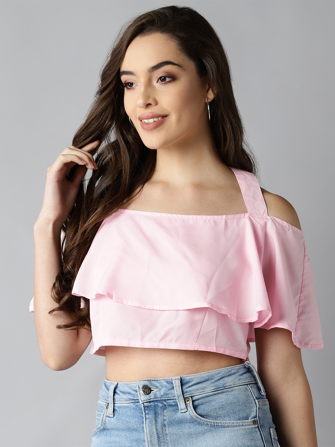 

ZNX Clothing Women Pink Crepe Bardot Crop Top