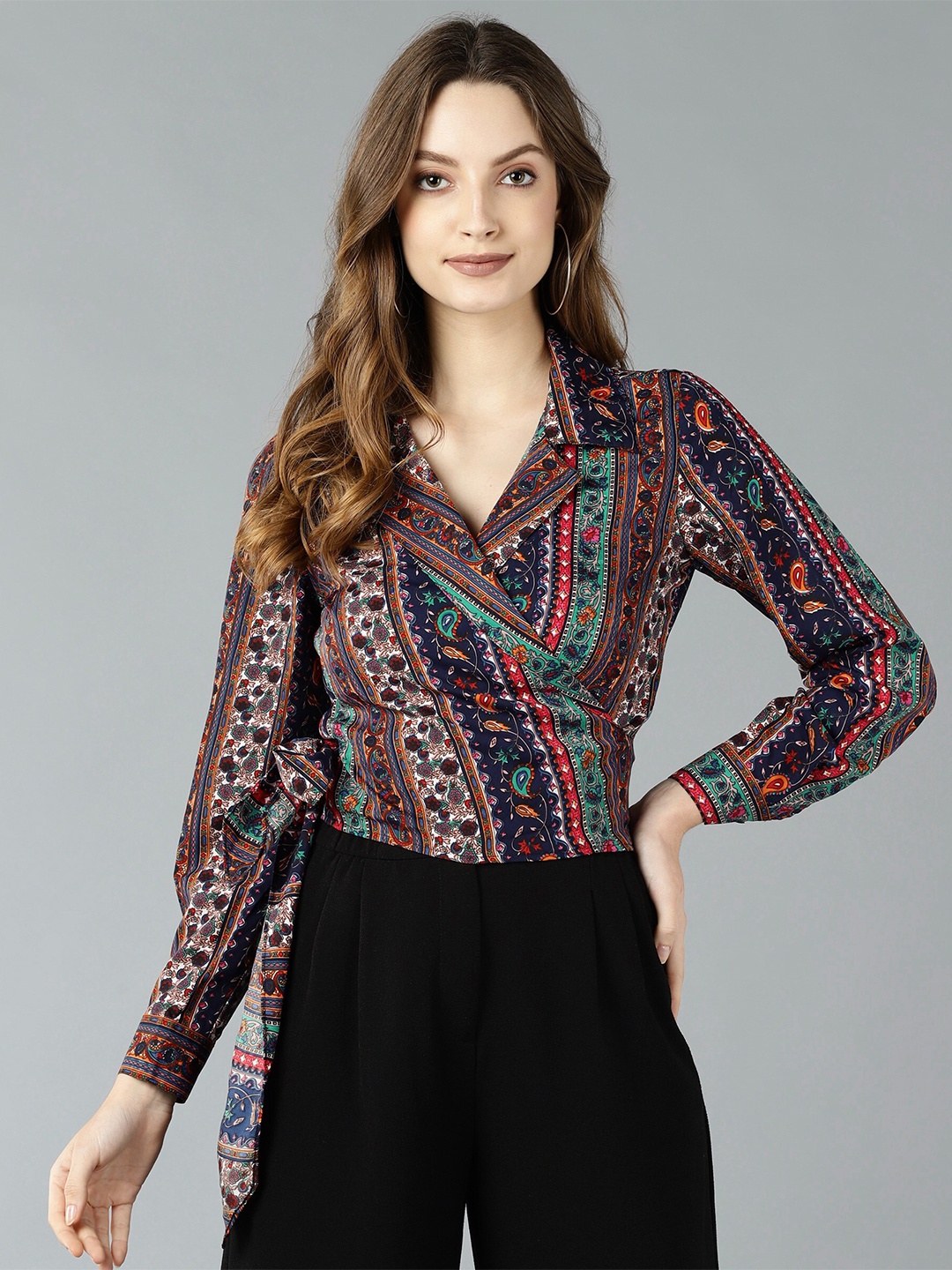 

ZNX Clothing Multicoloured Tropical Print Crepe Wrap Top, Multi