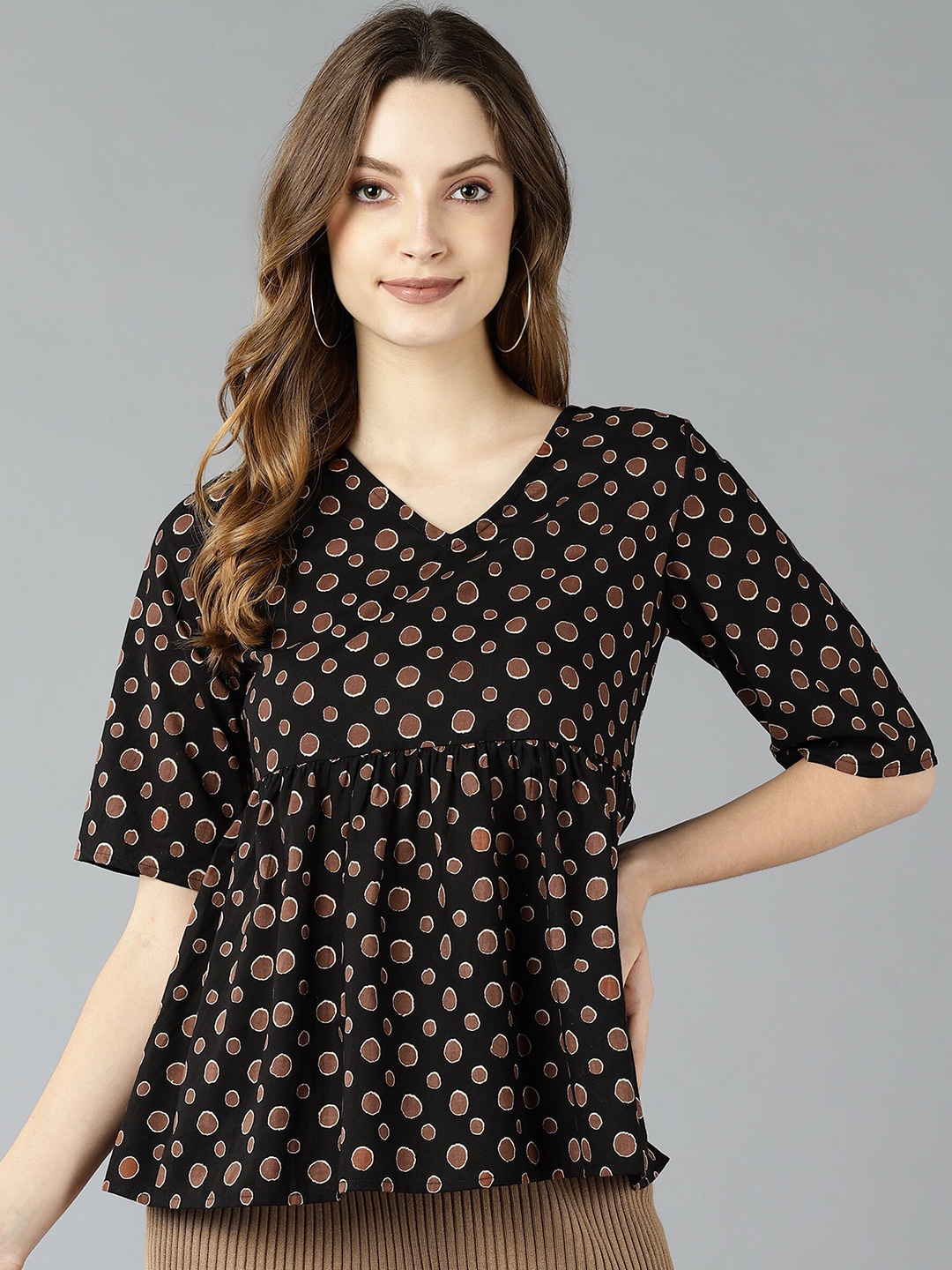 

ZNX Clothing Black Polka Dots Print Pure Cotton Empire Top