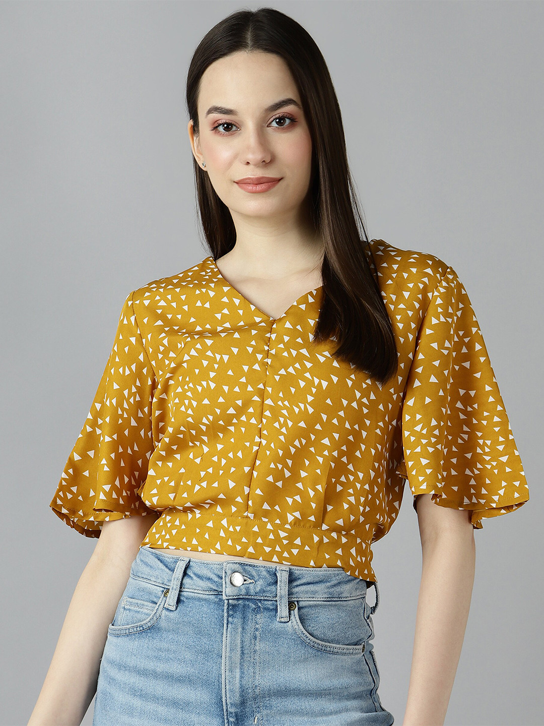 

ZNX Clothing Yellow Floral Print Crepe Blouson Top