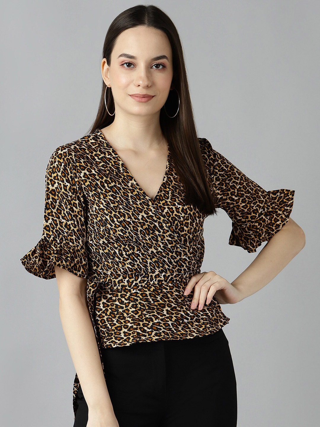 

ZNX Clothing Brown & Black Animal Print Crepe Wrap Top