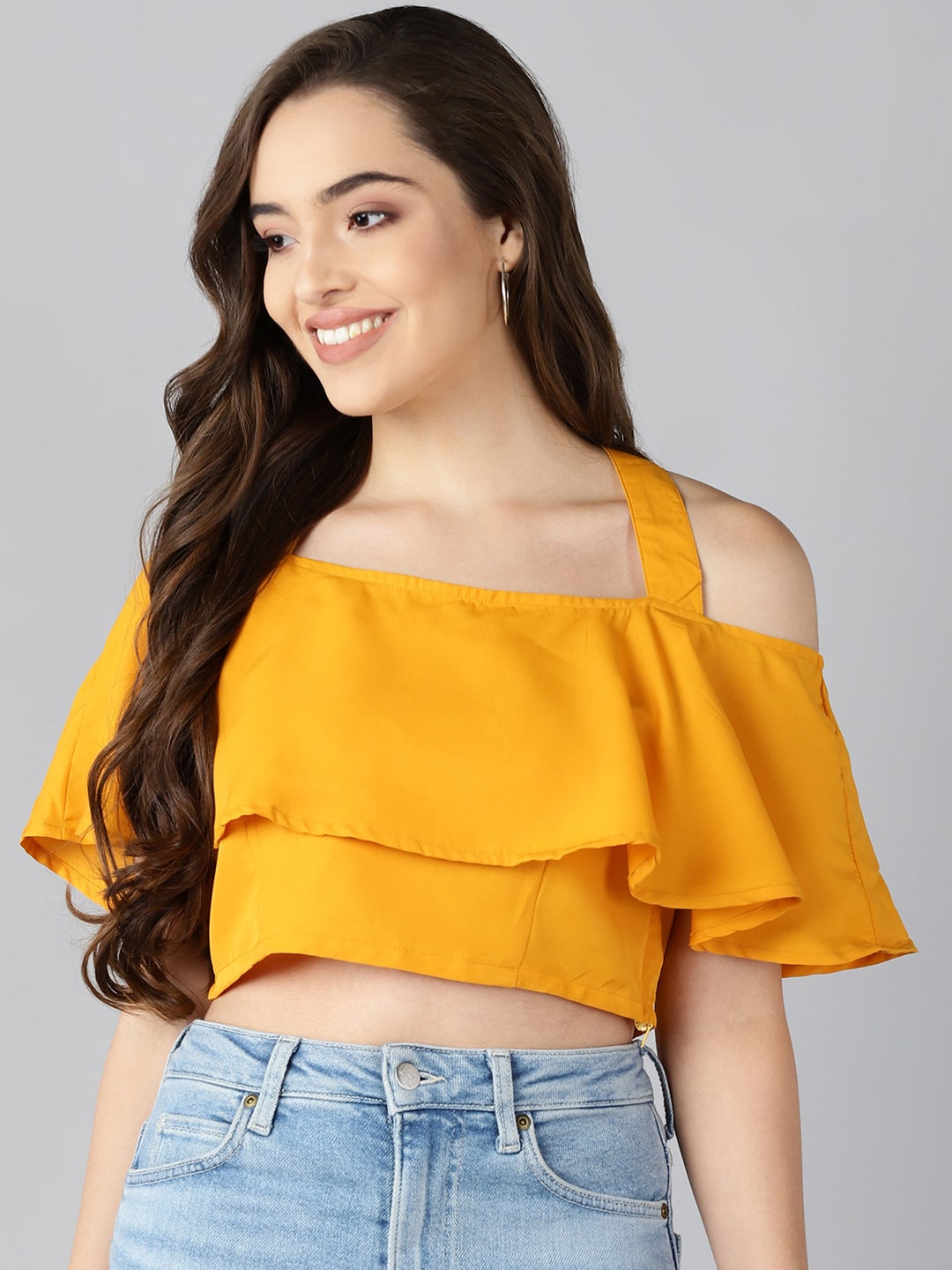 

ZNX Clothing Yellow Solid Crepe Bardot Crop Top
