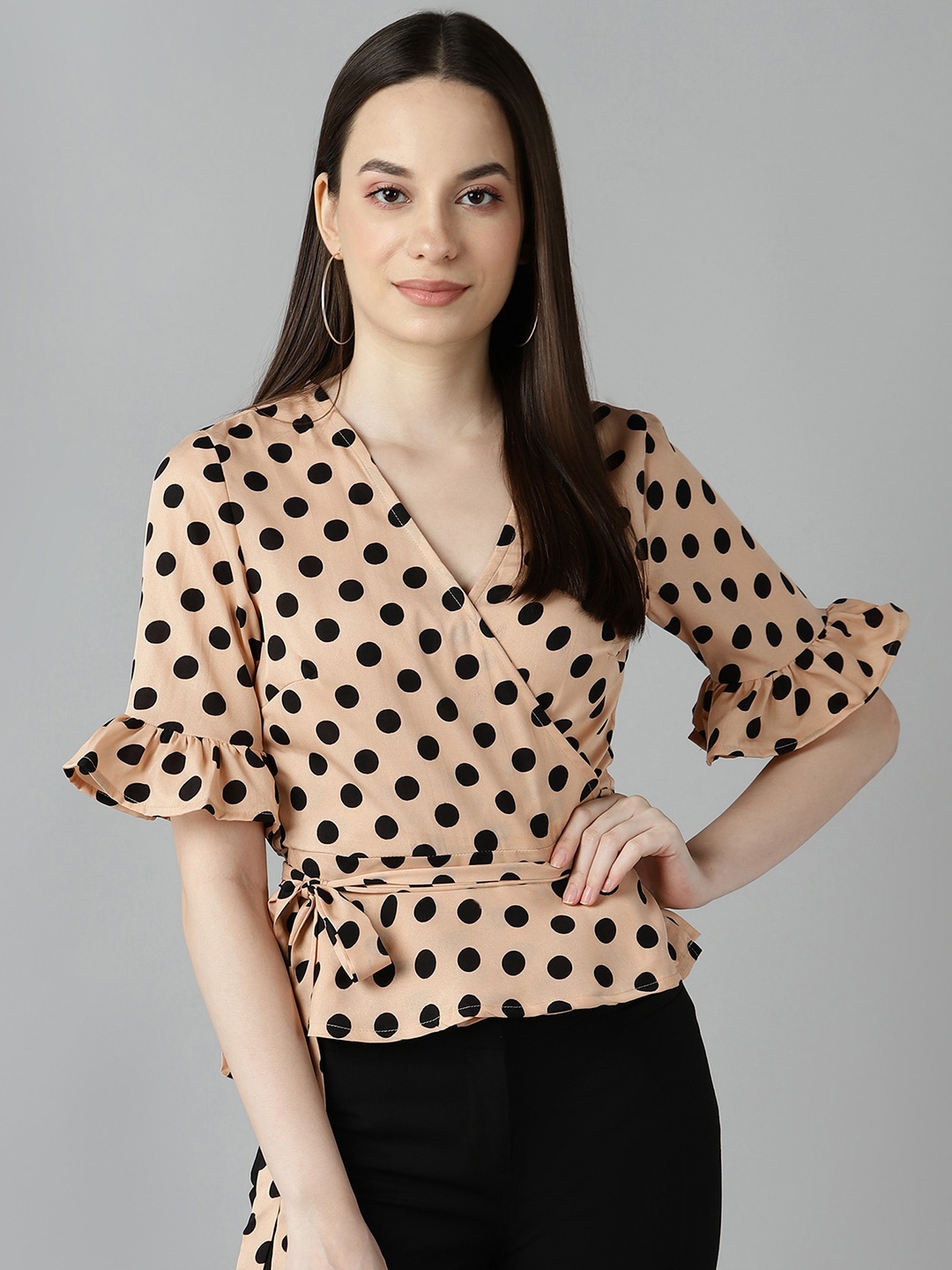 

ZNX Clothing Beige & Black Polka Print Crepe Wrap Top