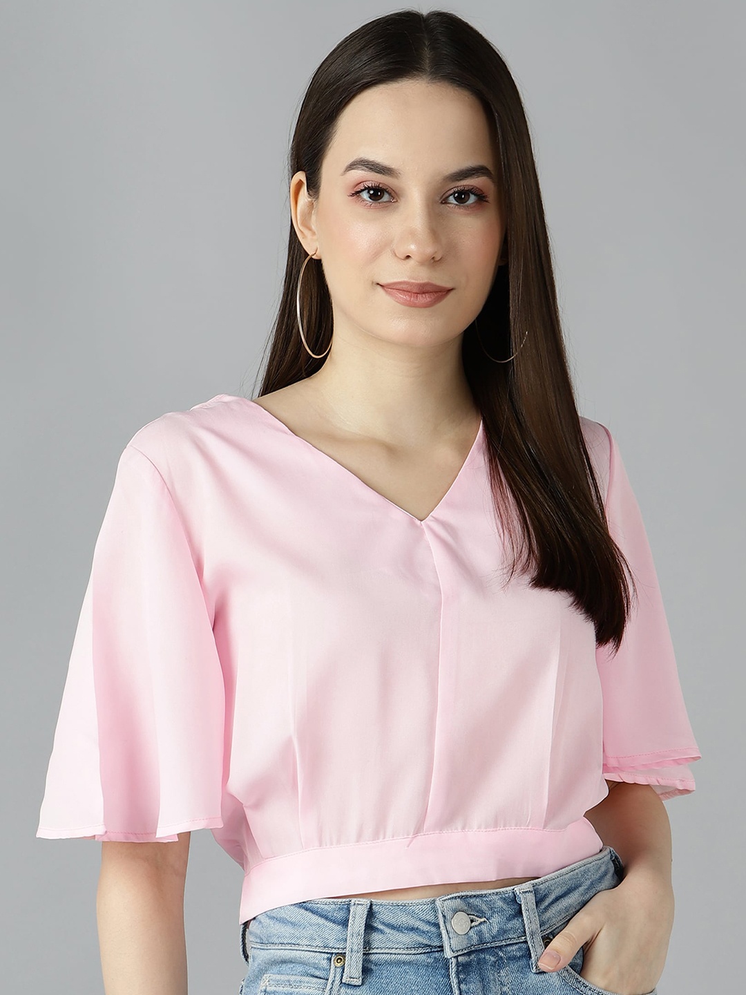 

ZNX Clothing Women Pink Solid Blouson Crop Top