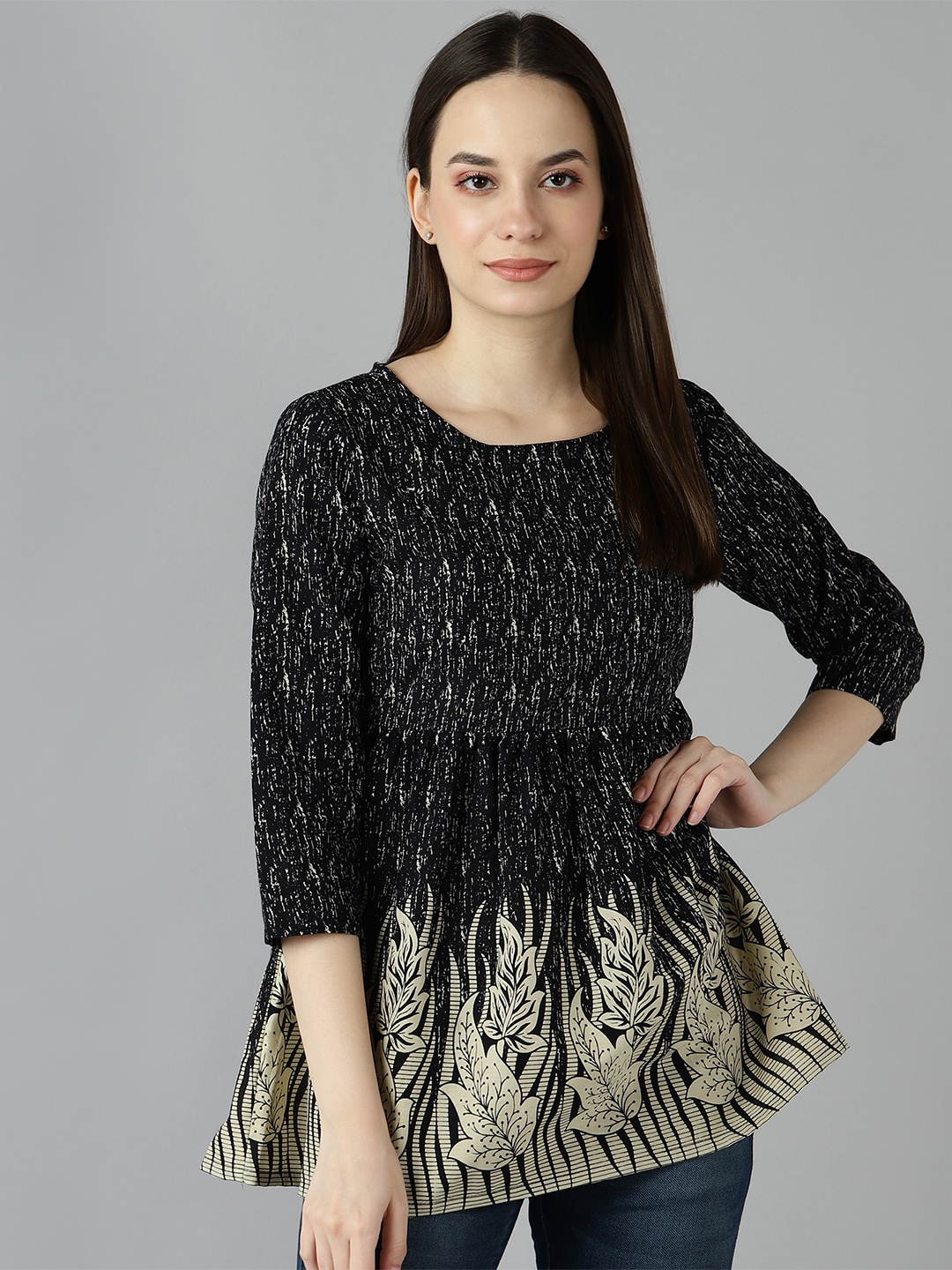 

ZNX Clothing Black Print Pure Cotton Peplum Top