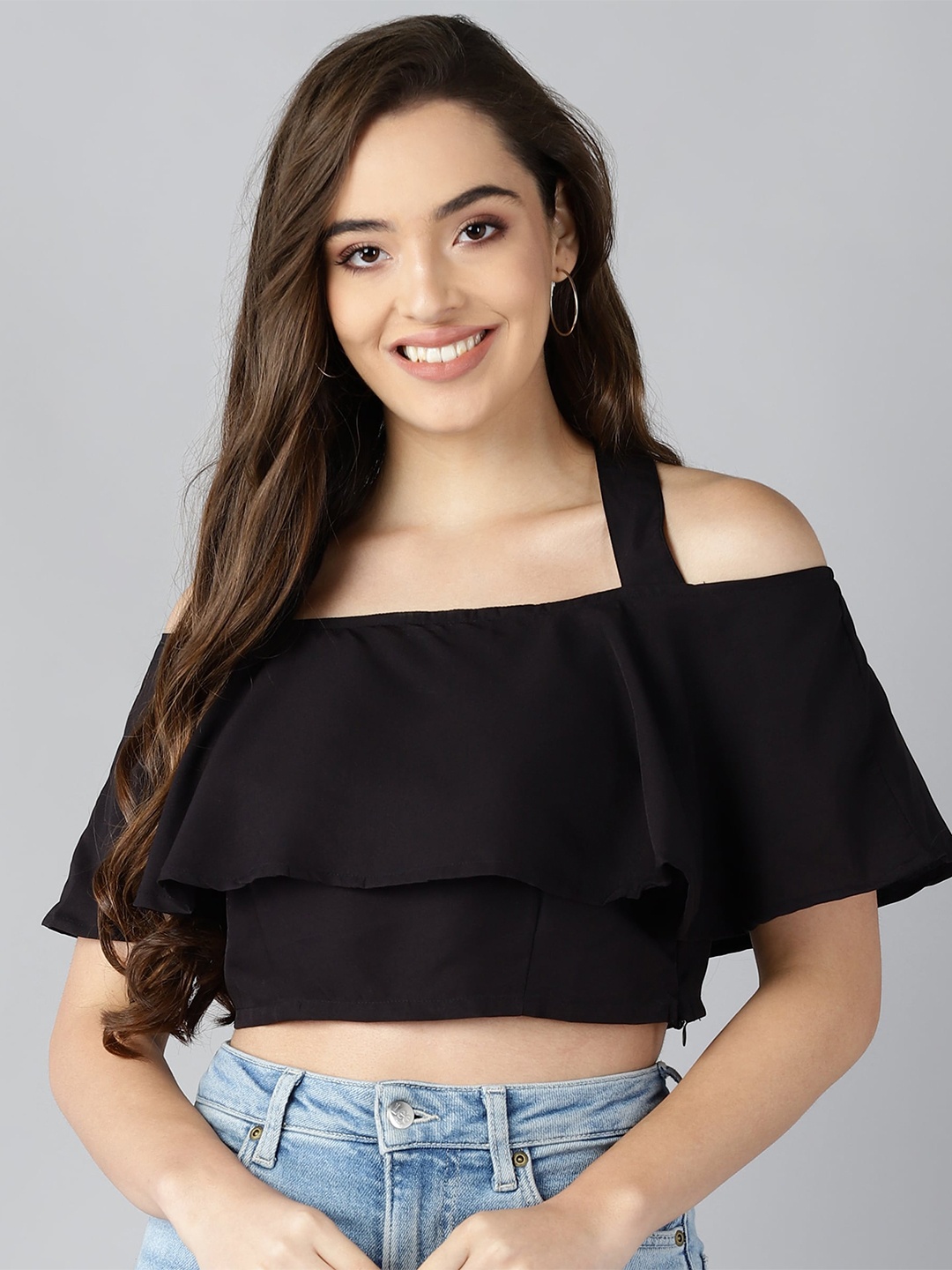 

ZNX Clothing Black Solid Crepe Bardot Crop Top