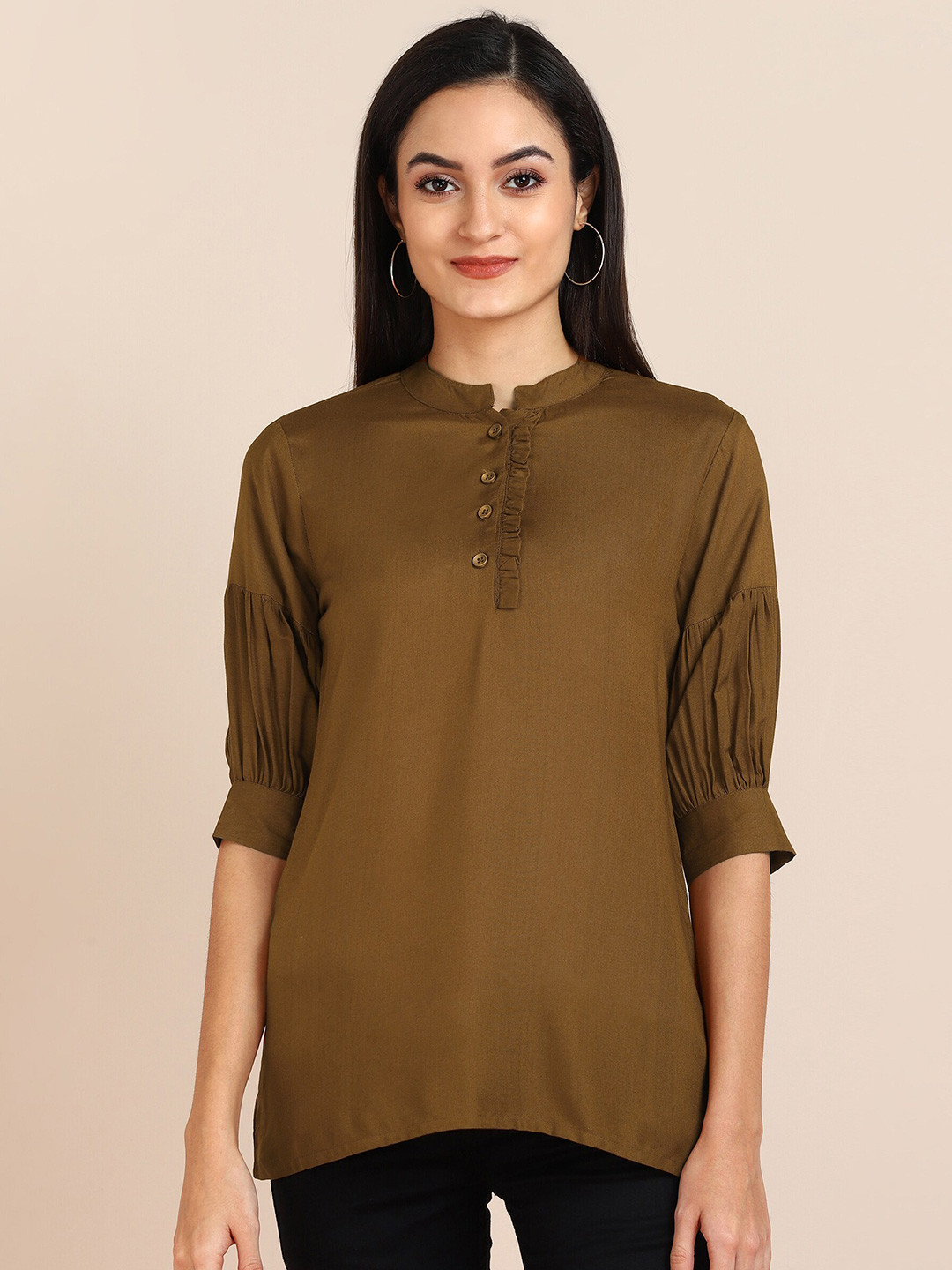 

ZNX Clothing Brown Solid Mandarin Collar Puff Sleeves Regular Top