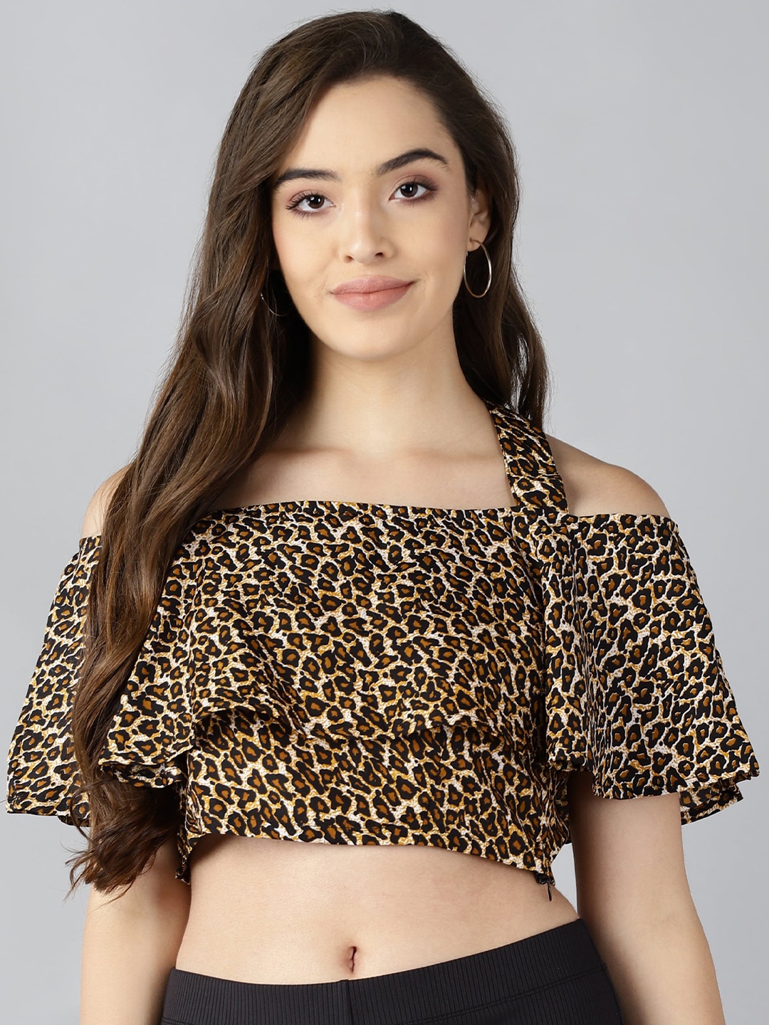 

ZNX Clothing Brown Animal Print Crepe Bardot Crop Top