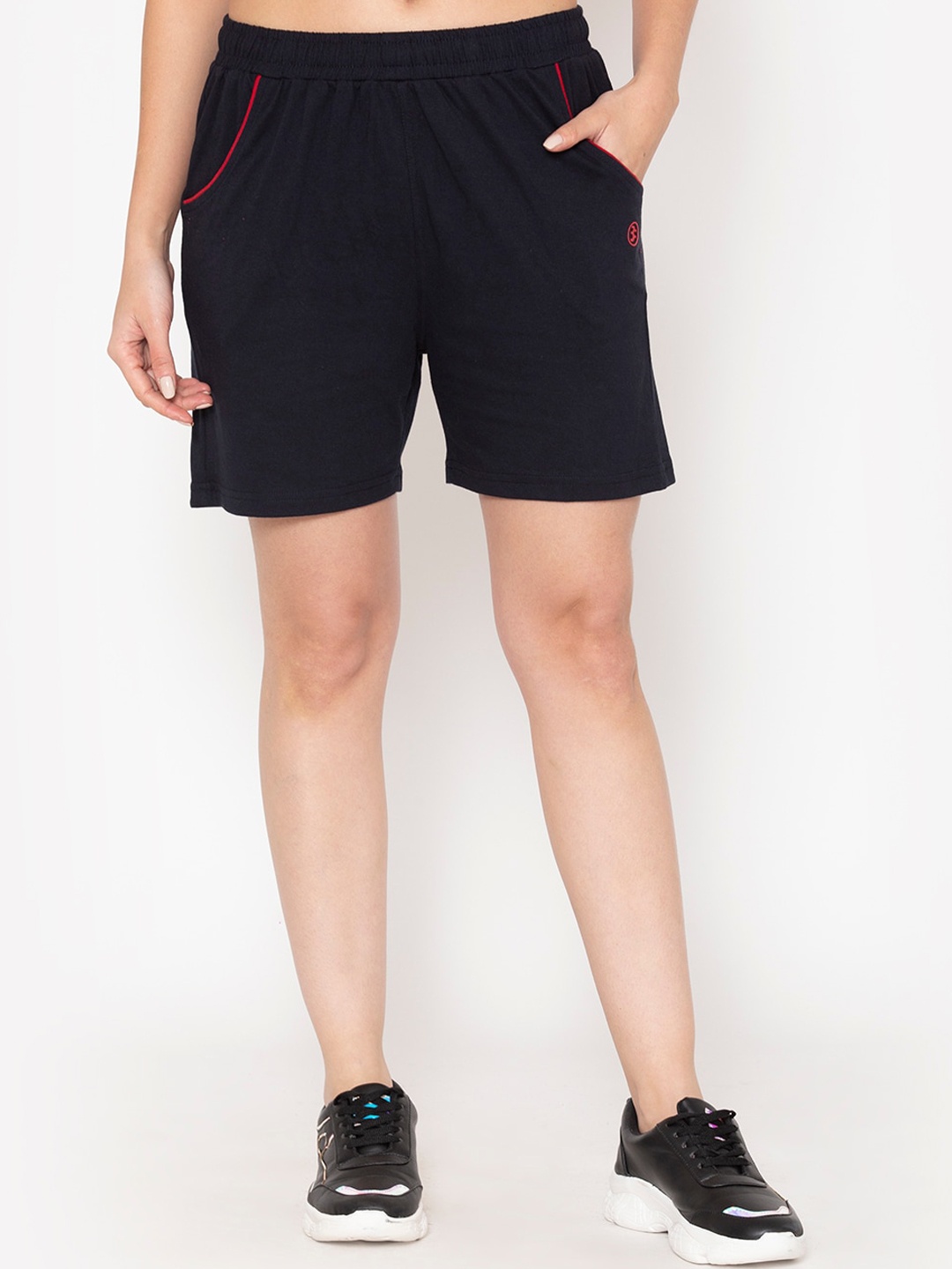 

BODYACTIVE Women Navy Blue Solid Mid Rise Regular Fit Cotton Sports Shorts