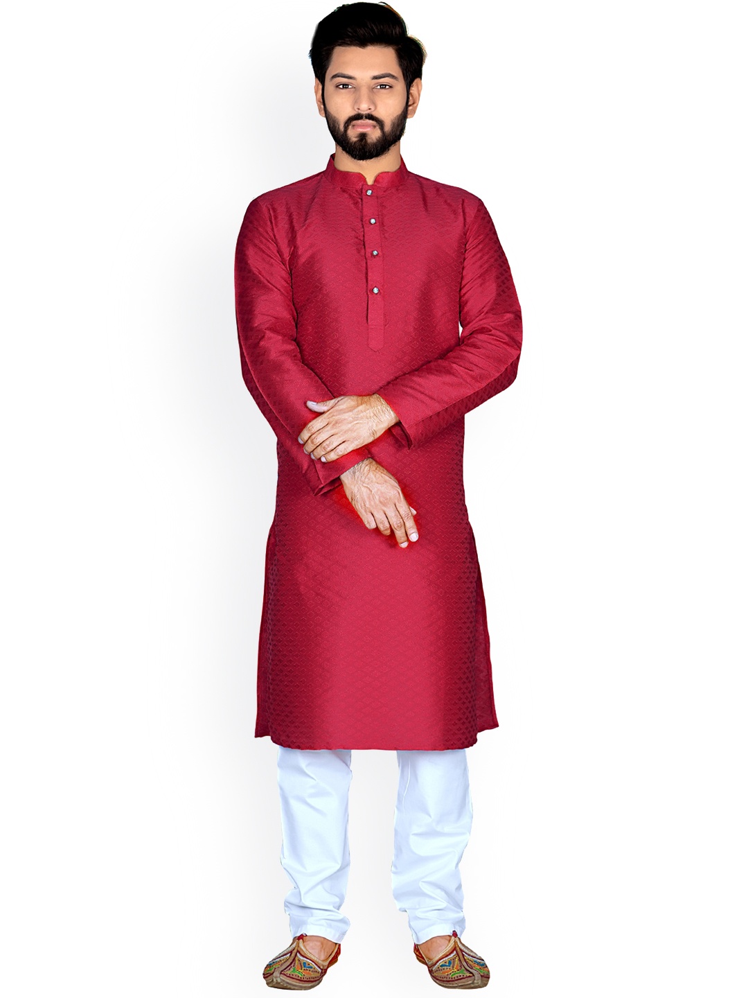 

Nimayaa Men Red Woven Design Kurta with Churidar