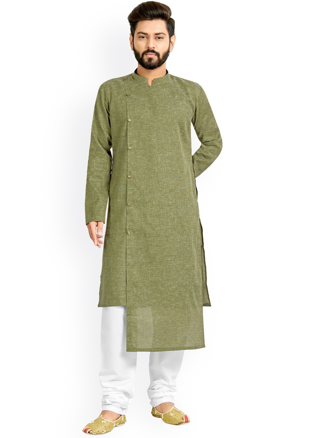 

Nimayaa Men Olive Green Angrakha Kurta with Churidar