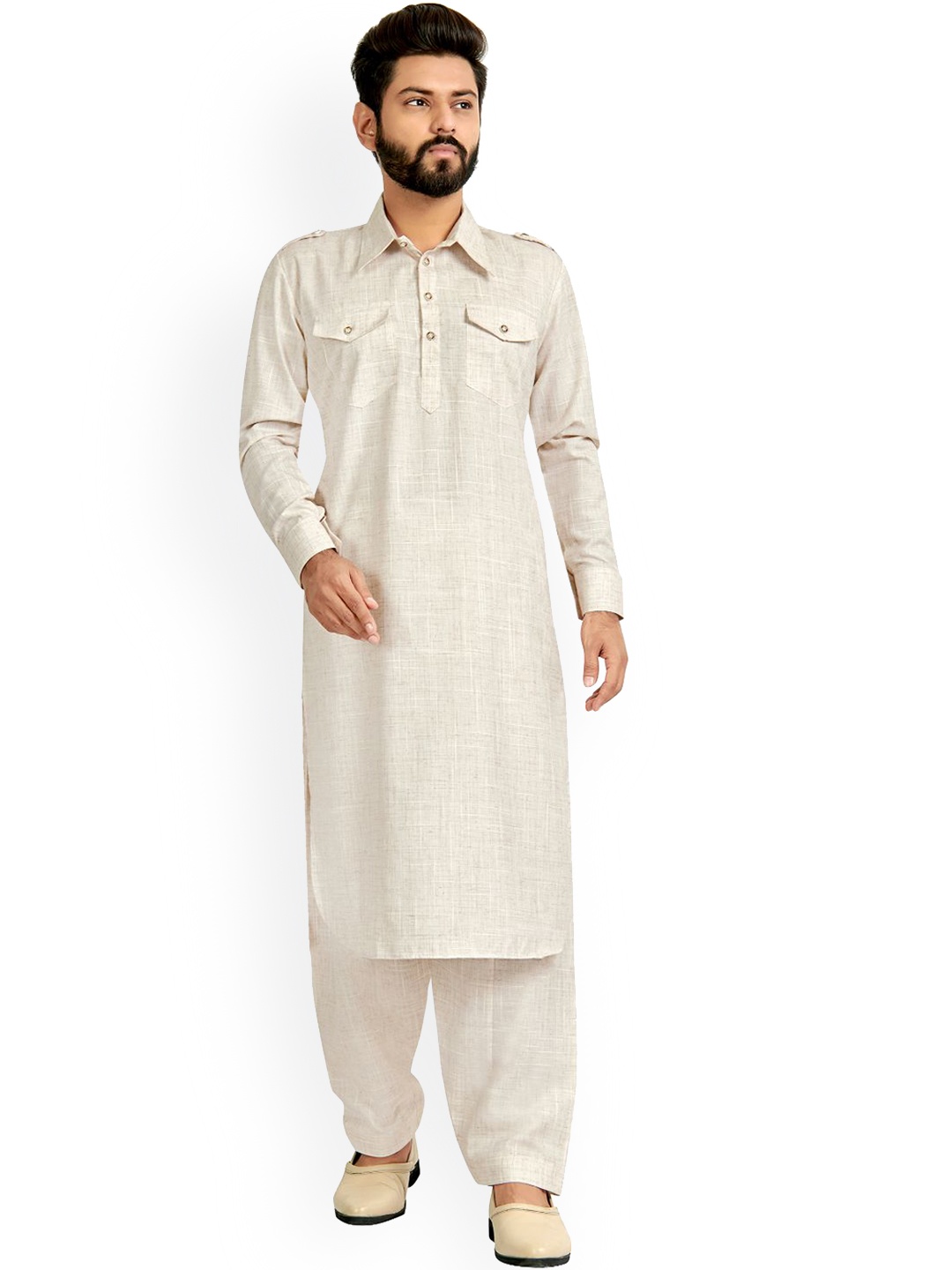 

Nimayaa Men Off White Solid Pathani Kurta With Pyjamas