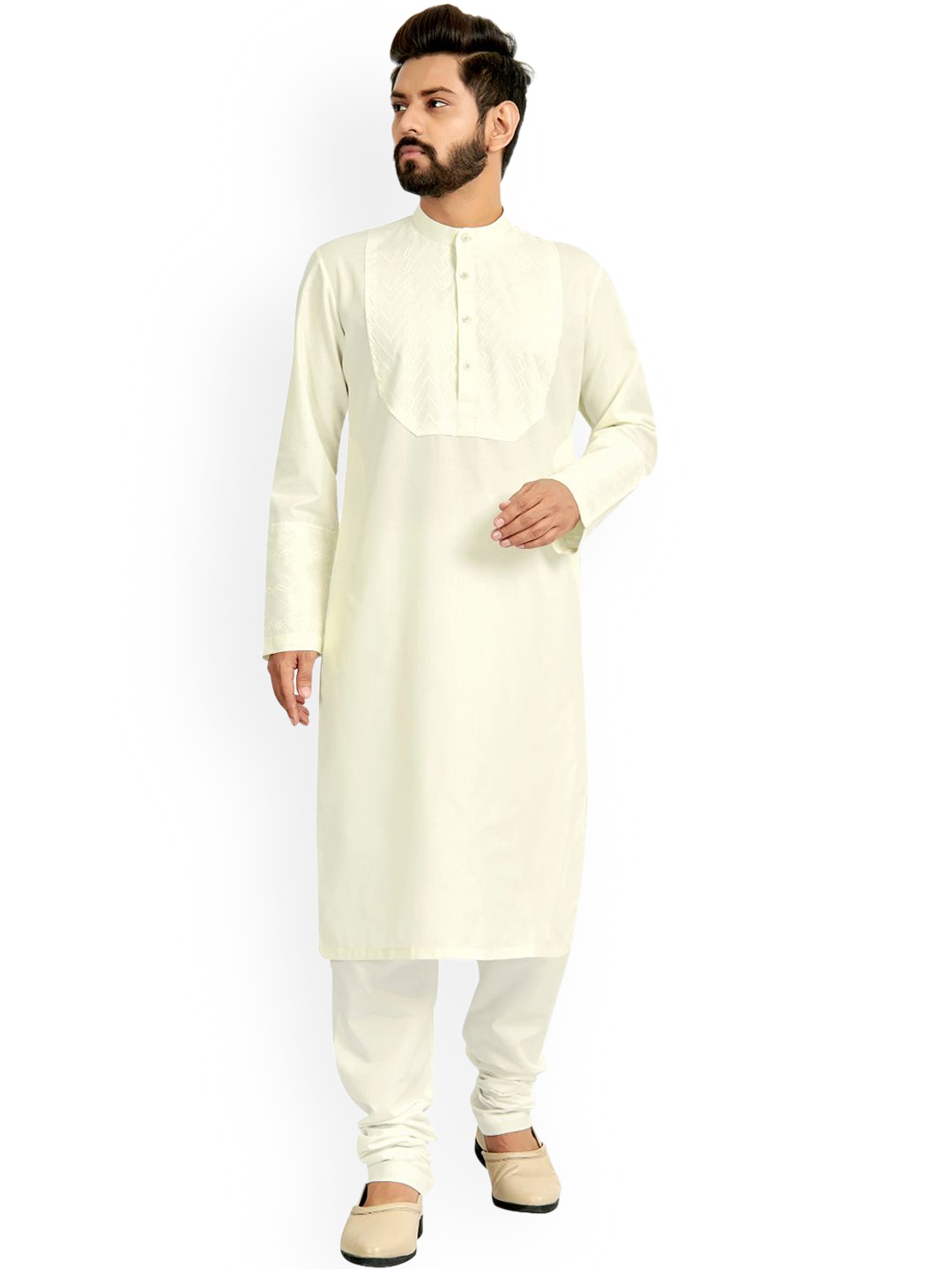 

Nimayaa Men Off White Embroidered Angrakha Kurta with Churidar