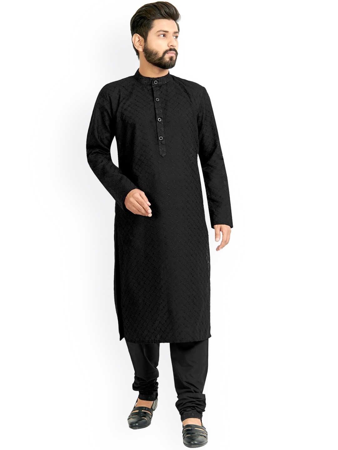 

Nimayaa Men Black Self Design Kurta With Churidar