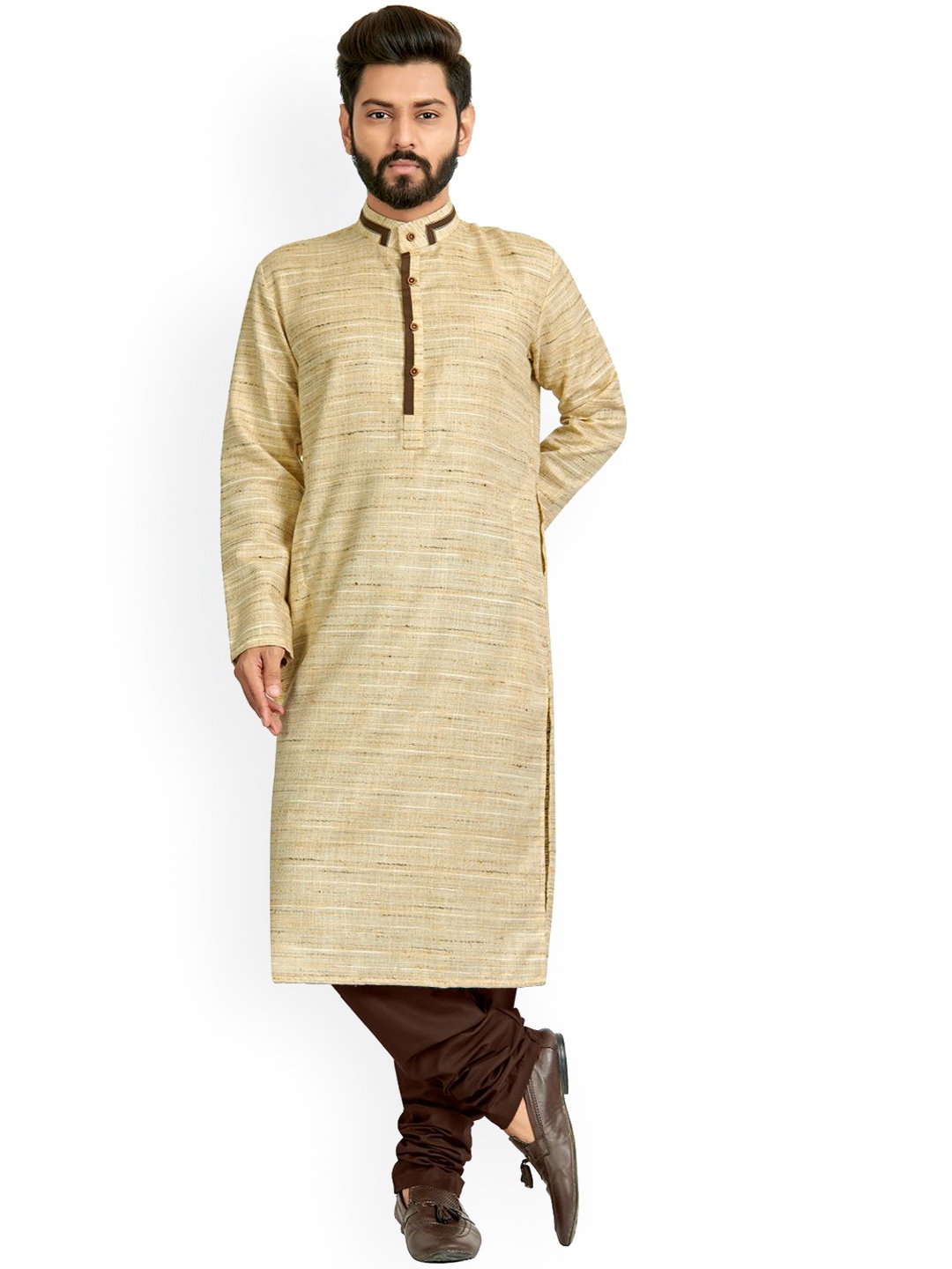 

Nimayaa Men Gold-Toned Woven Design Straight Kurta With Churidar