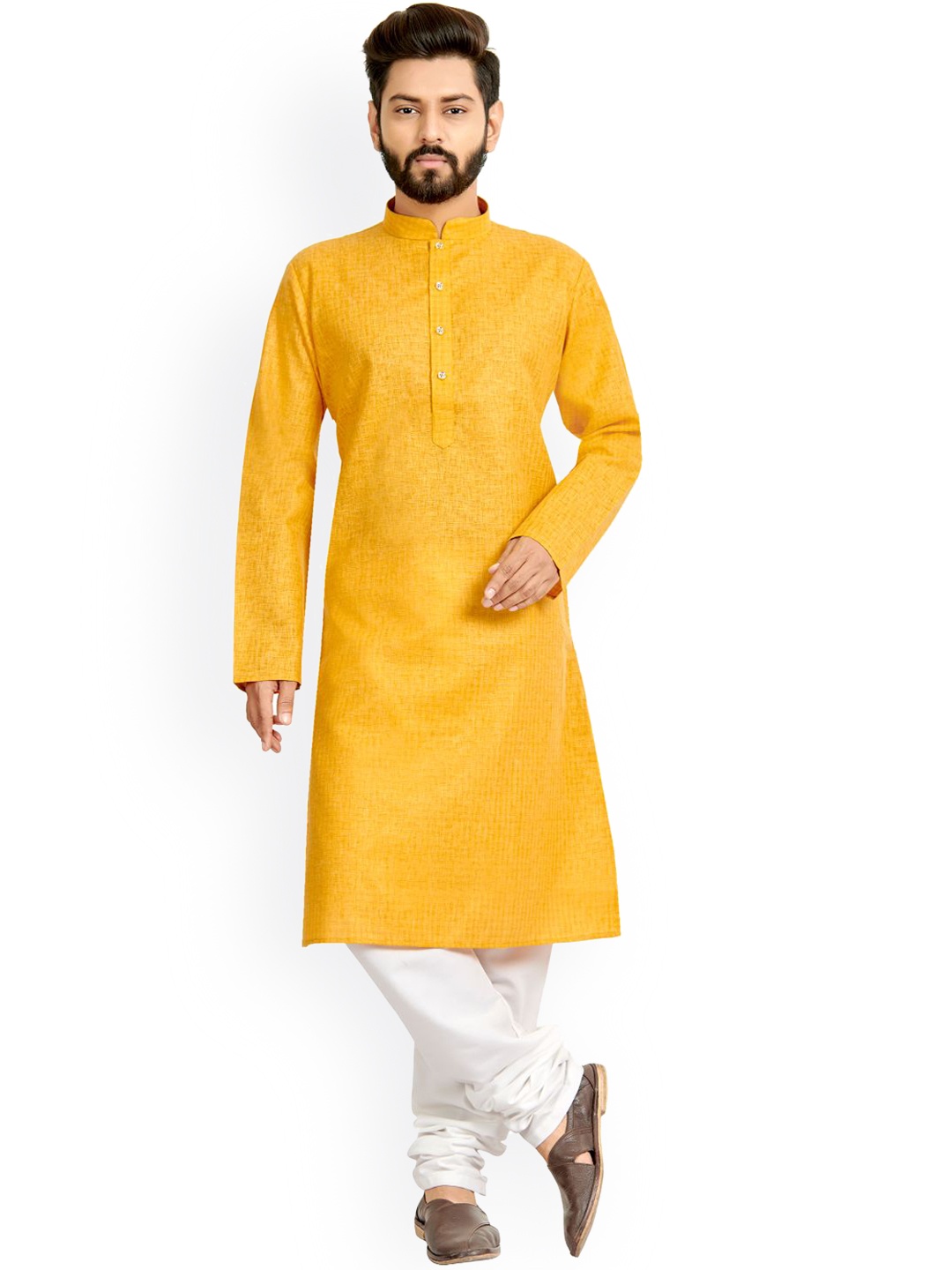 

Nimayaa Men Yellow Woven Design Kurta With Churidar