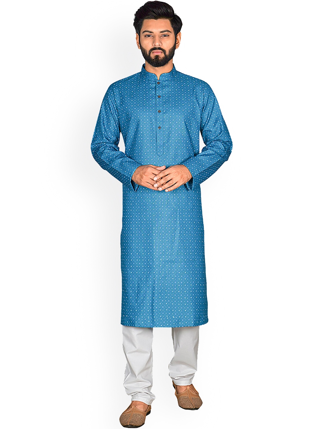 

Nimayaa Men Teal Woven Design Kurta With Churidar