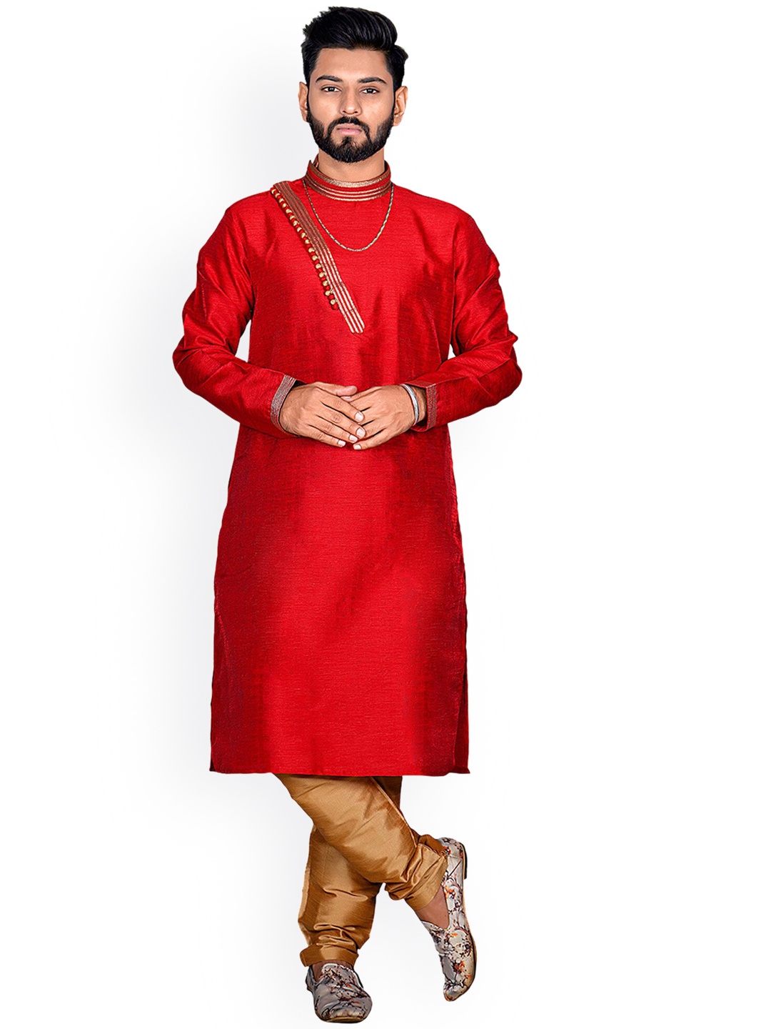 

Nimayaa Men Red Gotta Patti Banglori Silk Kurta with Churidar