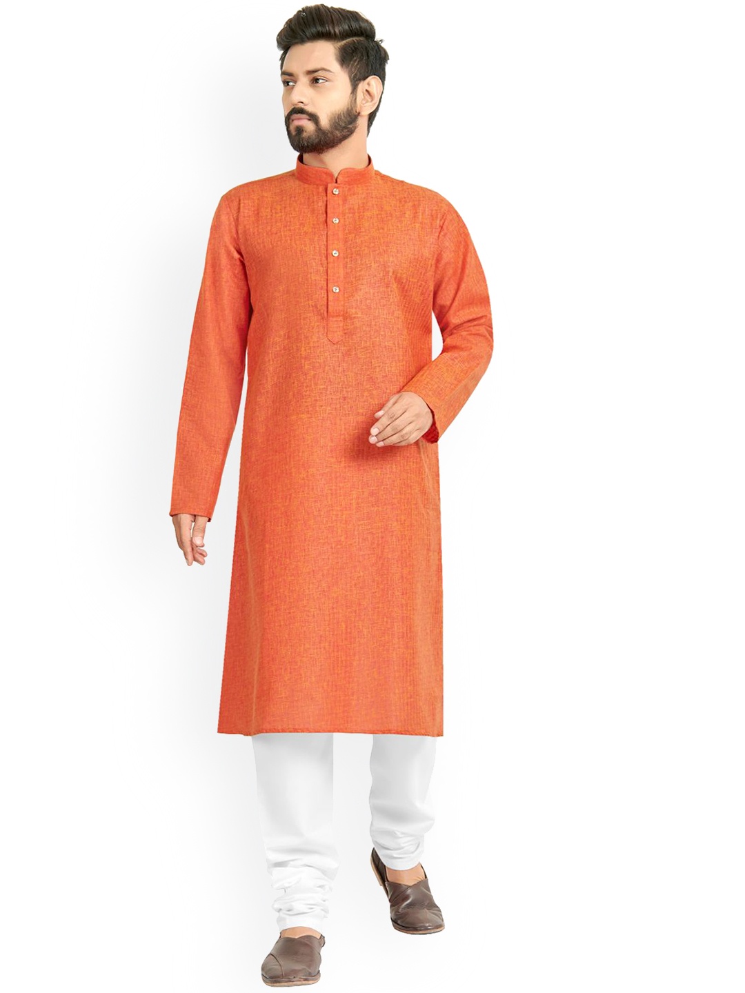 

Nimayaa Men Orange Woven Design Kurta With Churidar