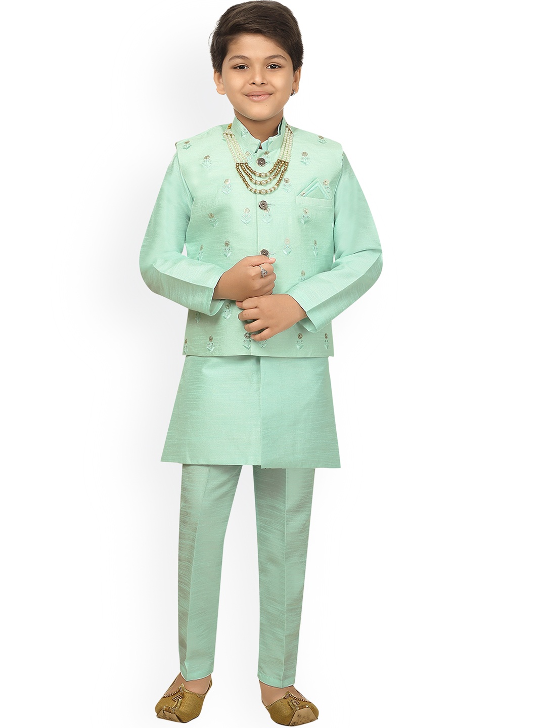 

ahhaaaa Boys Green & Gold-Coloured Embroidered Sherwani Set