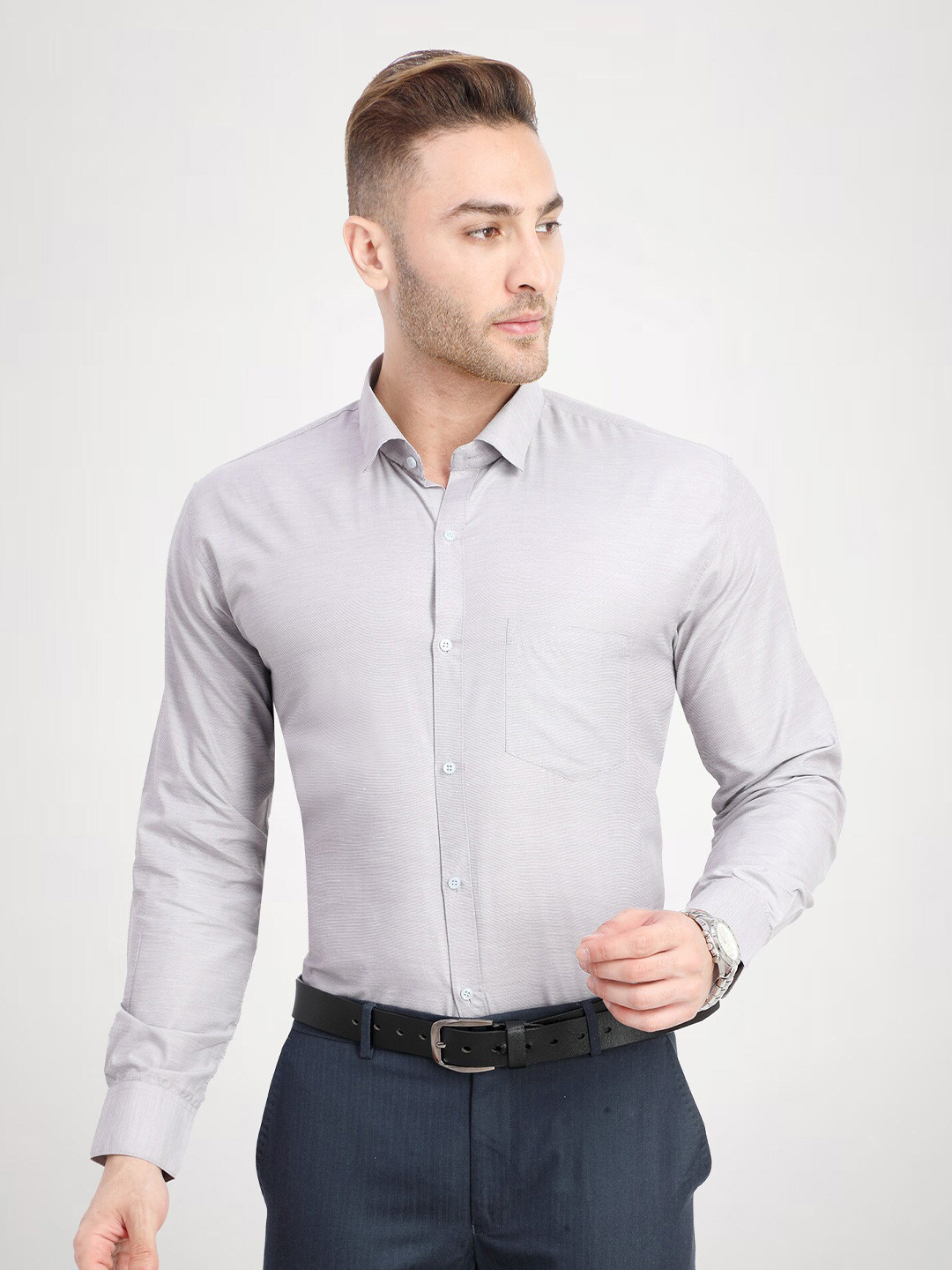 

RG DESIGNERS Men Grey Solid Slim Fit Cotton Formal Shirt