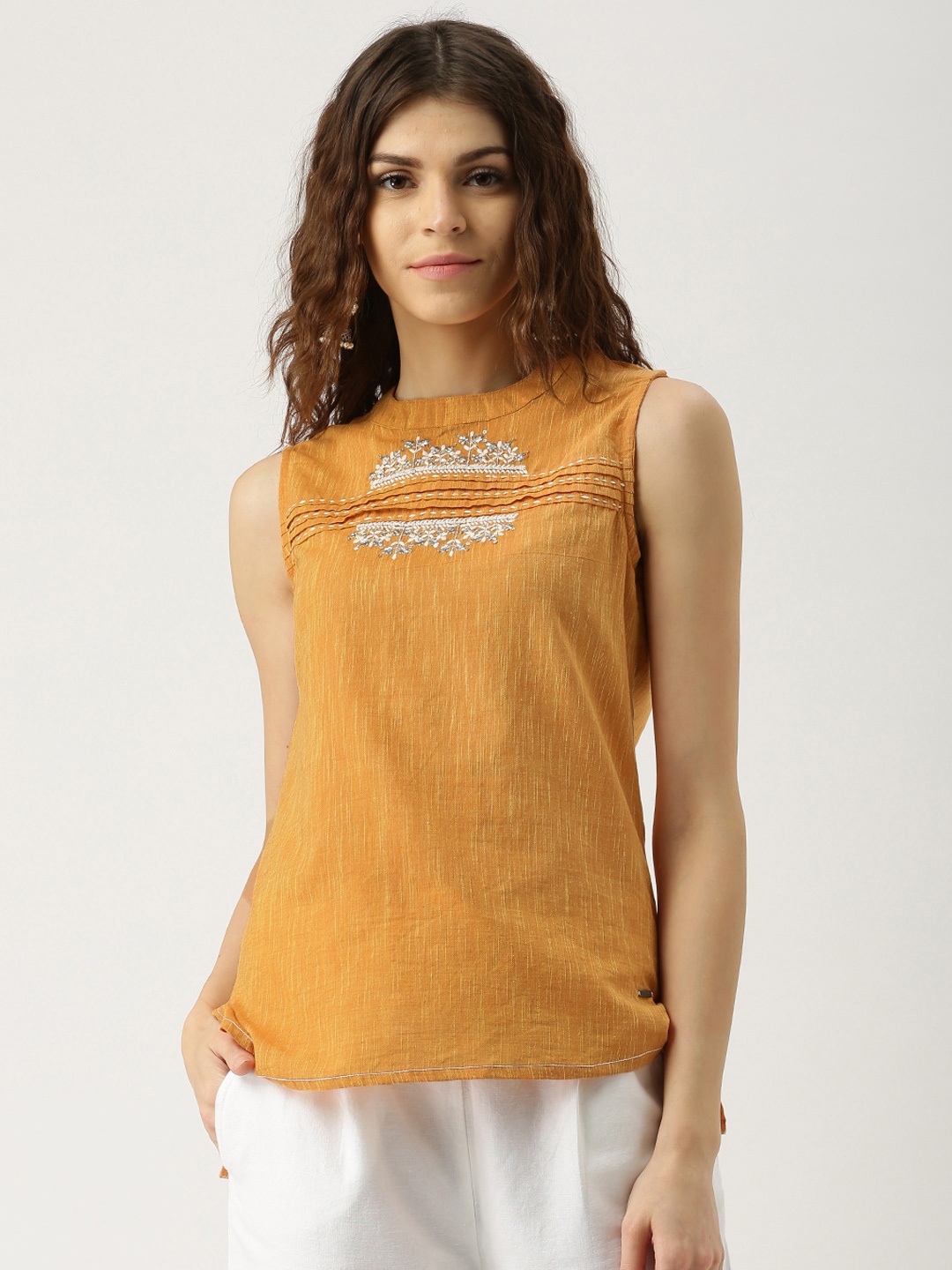 

IMARA Women Yellow Self-Design High-Low Pure Cotton Top
