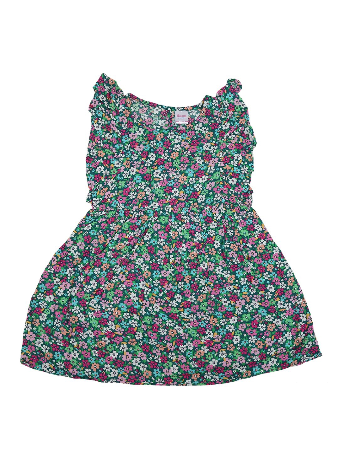 

V-Mart Girls Green & Pink Floral Printed Ruffled Fit & Flare Cotton Dress