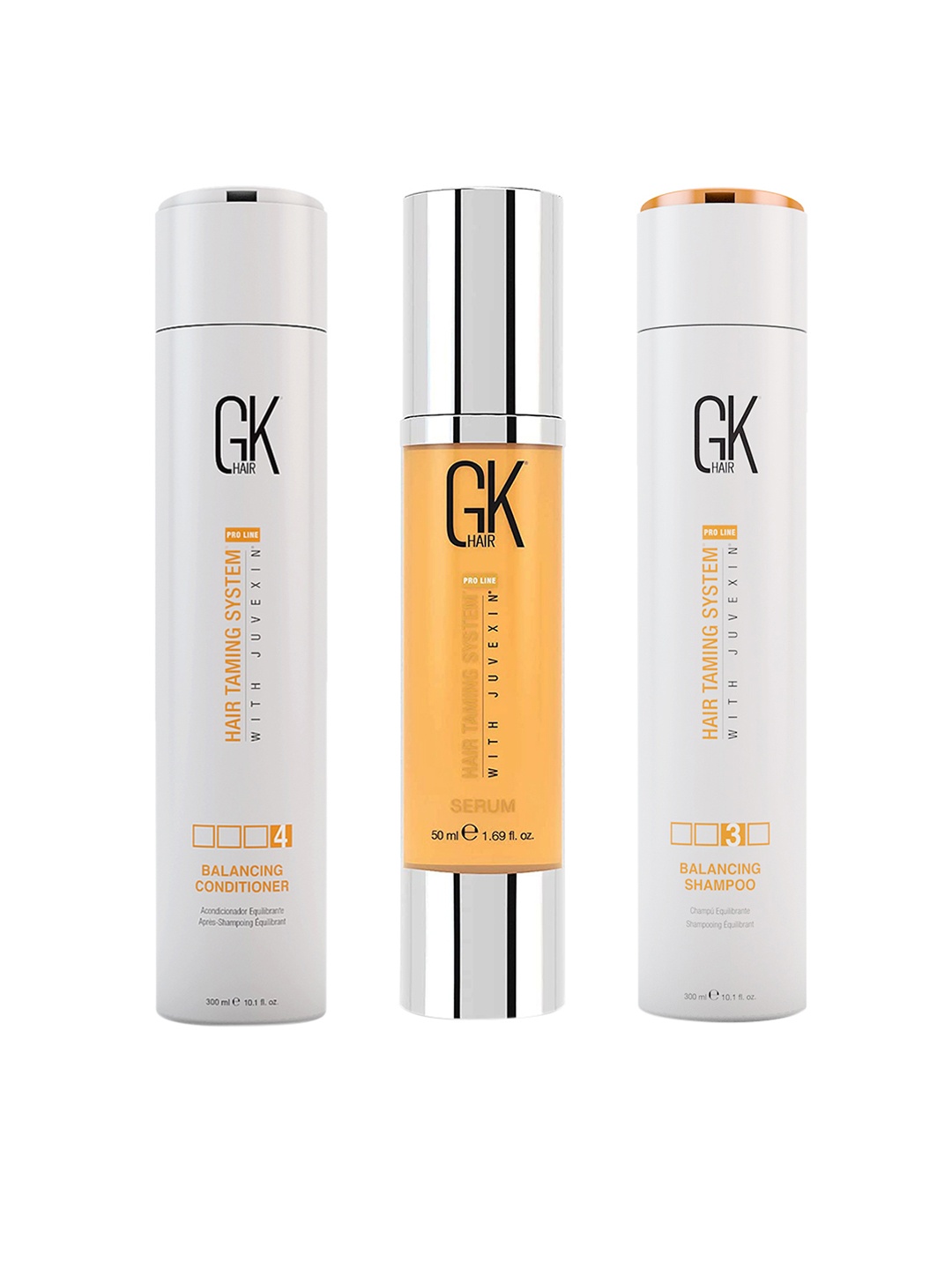 

GK HAIR Set of Hair Taming System Balancing Shampoo - Conditioner - Serum, White