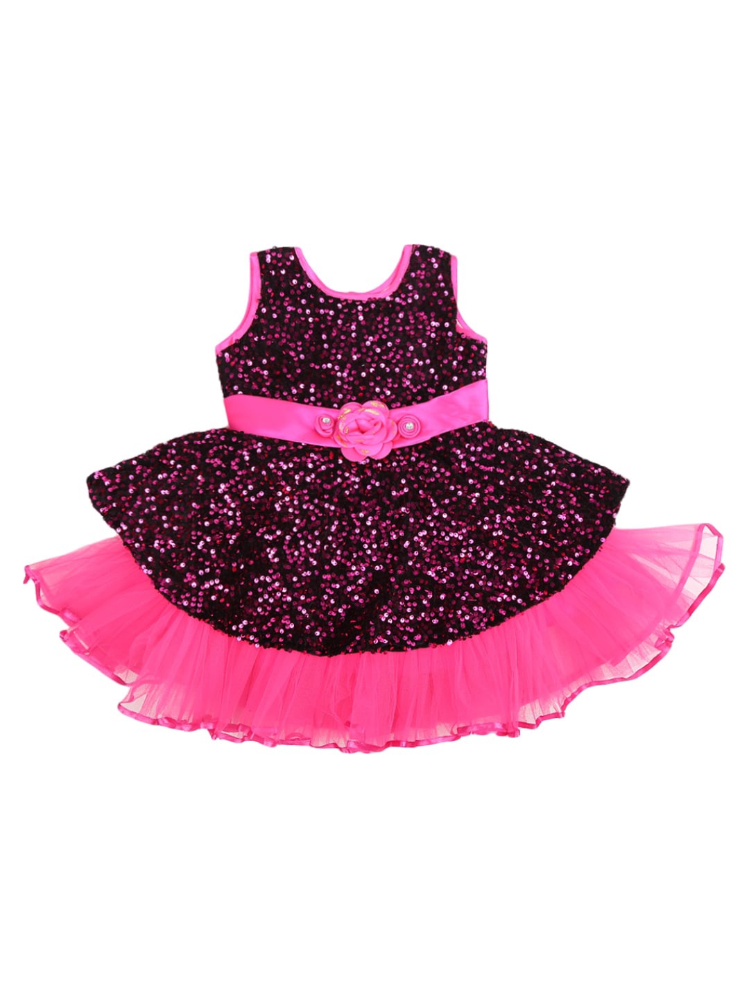 

V-Mart Pink Floral Sequined Fit & Flare Cotton Dress
