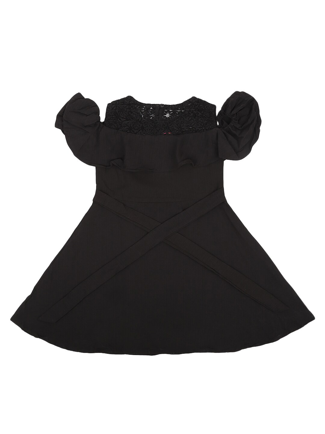 

V-Mart Girls Black Solid Cold-Shoulder Sleeves A-Line Dress