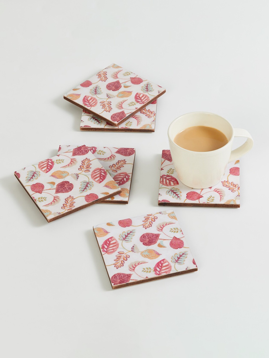 

Home Centre Pink & White Leaves Printed Coaster Set Of 6