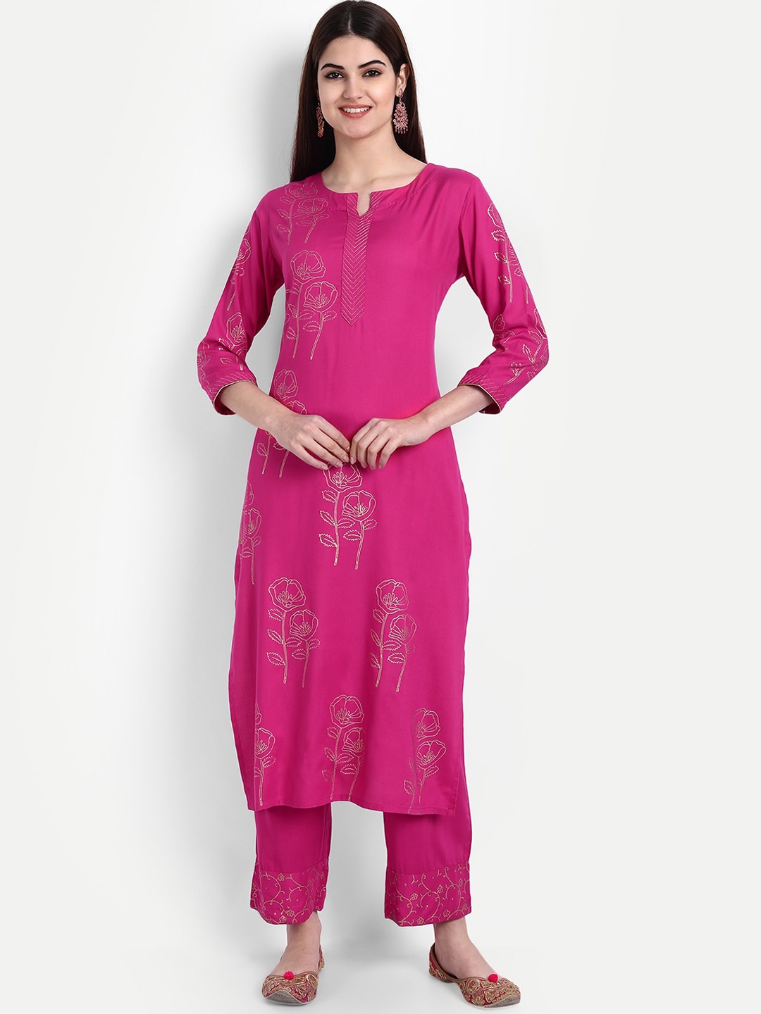 

fabGLOBAL Pink Floral Printed Kurta with Trousers