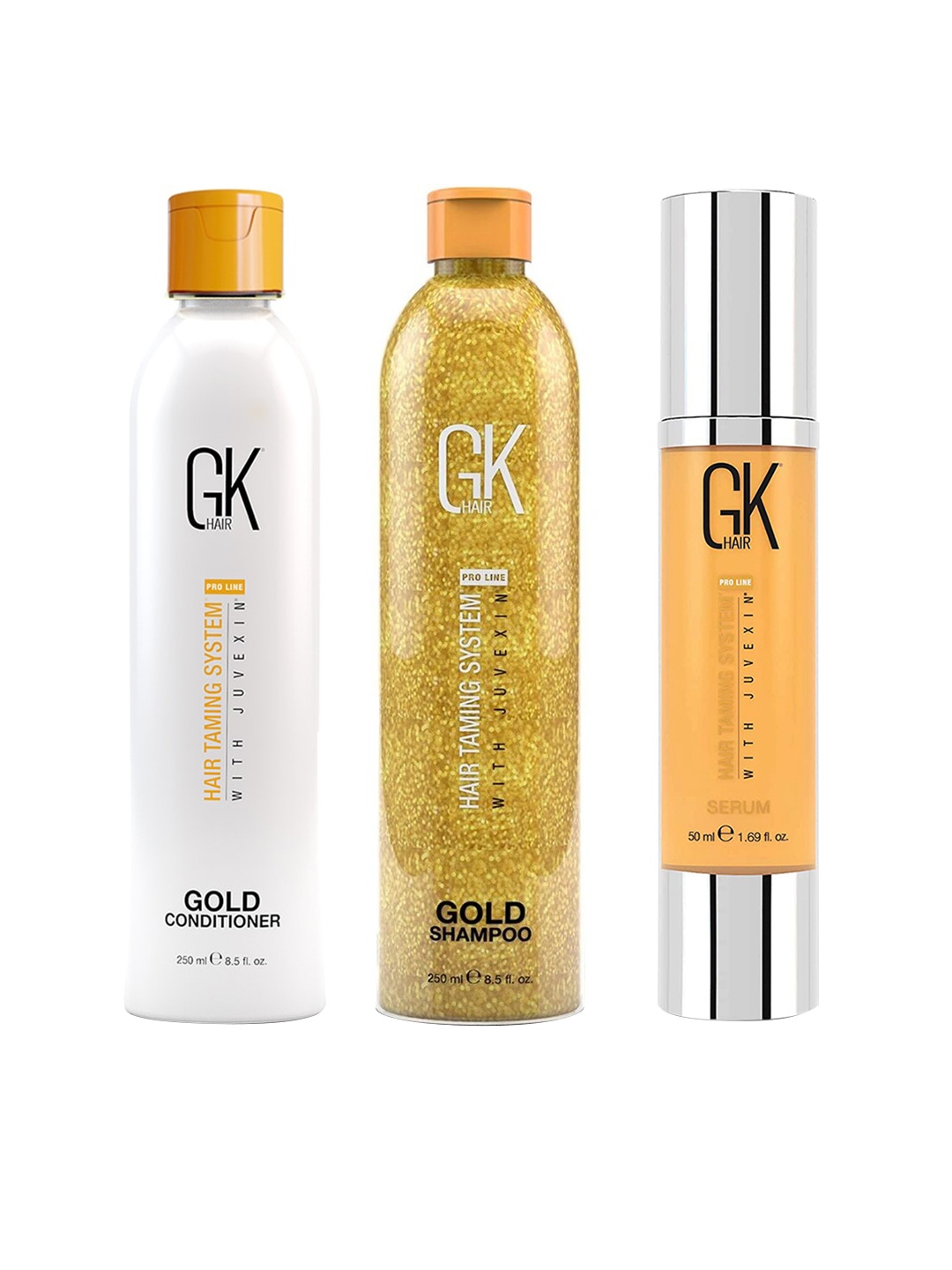 

GK HAIR Set of Hair Taming System Gold Shampoo - Conditioner - Argan Hair Serum, White