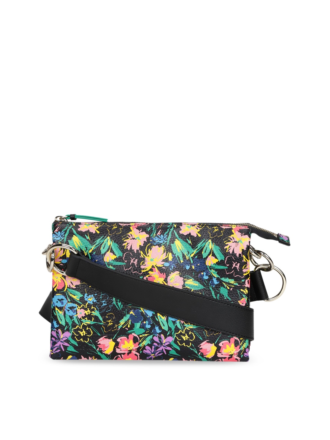 

Ted Baker Black Floral Printed Leather Half Moon Sling Bag with Tasselled