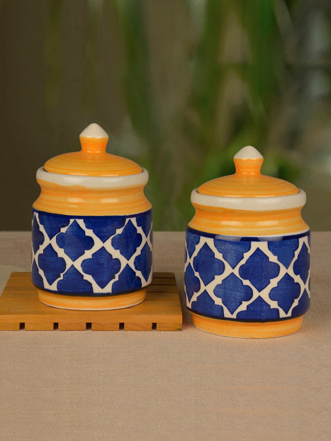 

StyleMyWay Set of 2 Blue and Yellow Handpainted Ceramic Storage Jar Set with Lid