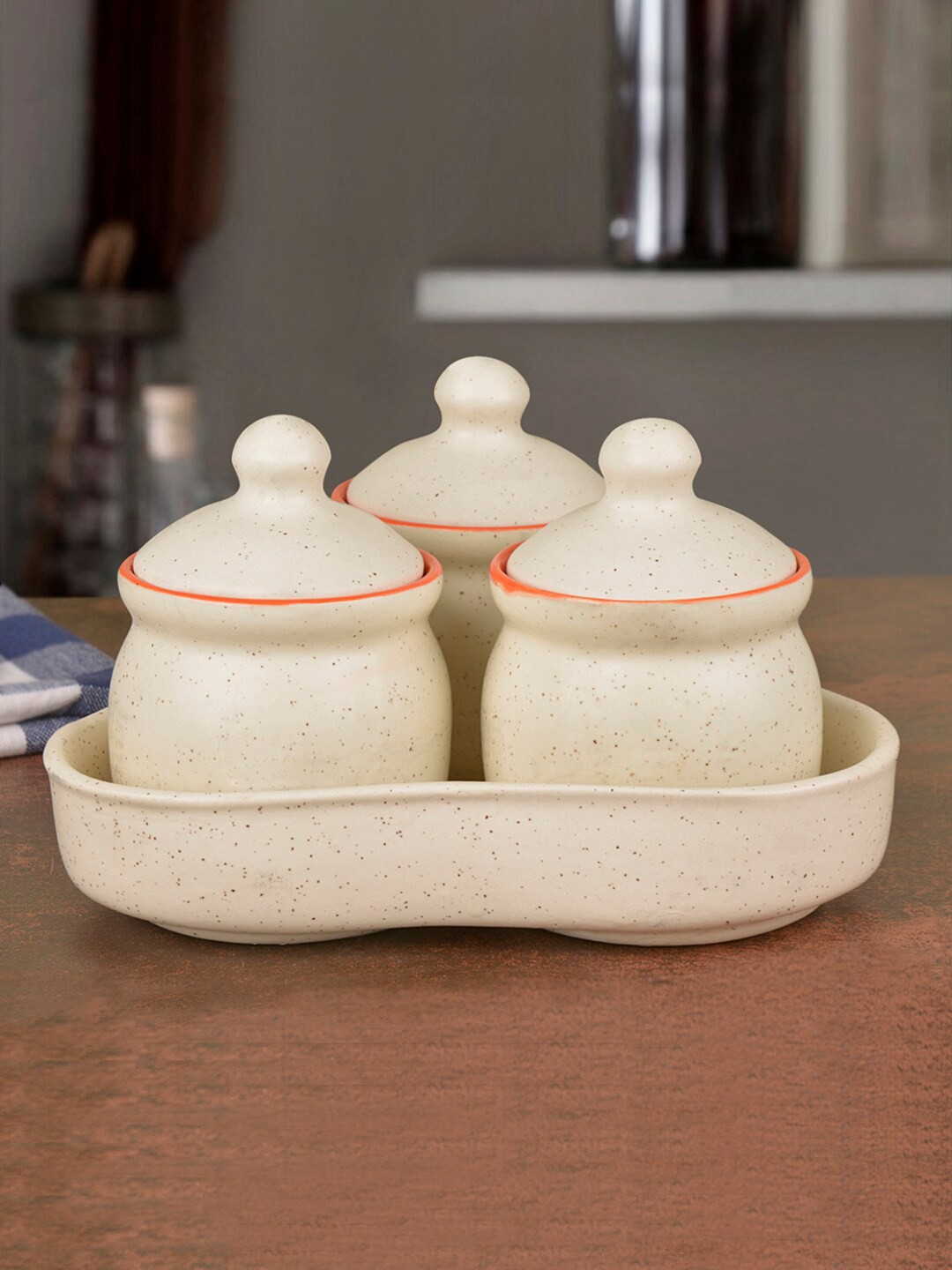 

StyleMyWay Set of 3 White & Orange Pickle Serving Jar Set with Tray
