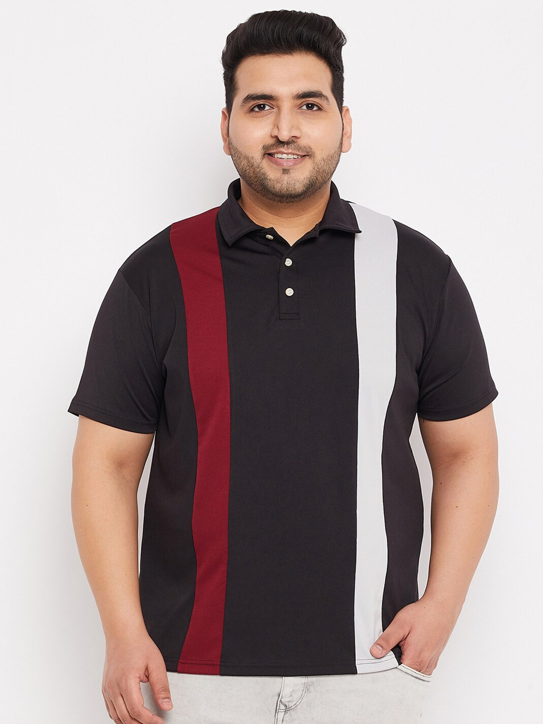 

bigbanana Men Plus Size Black Colourblocked Polo Collar T-shirt