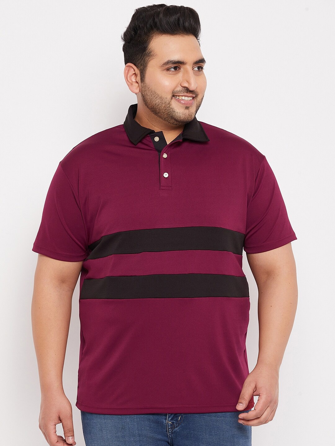 

bigbanana Plus Size Men Maroon & Black Colourblocked Polo Collar T-shirt