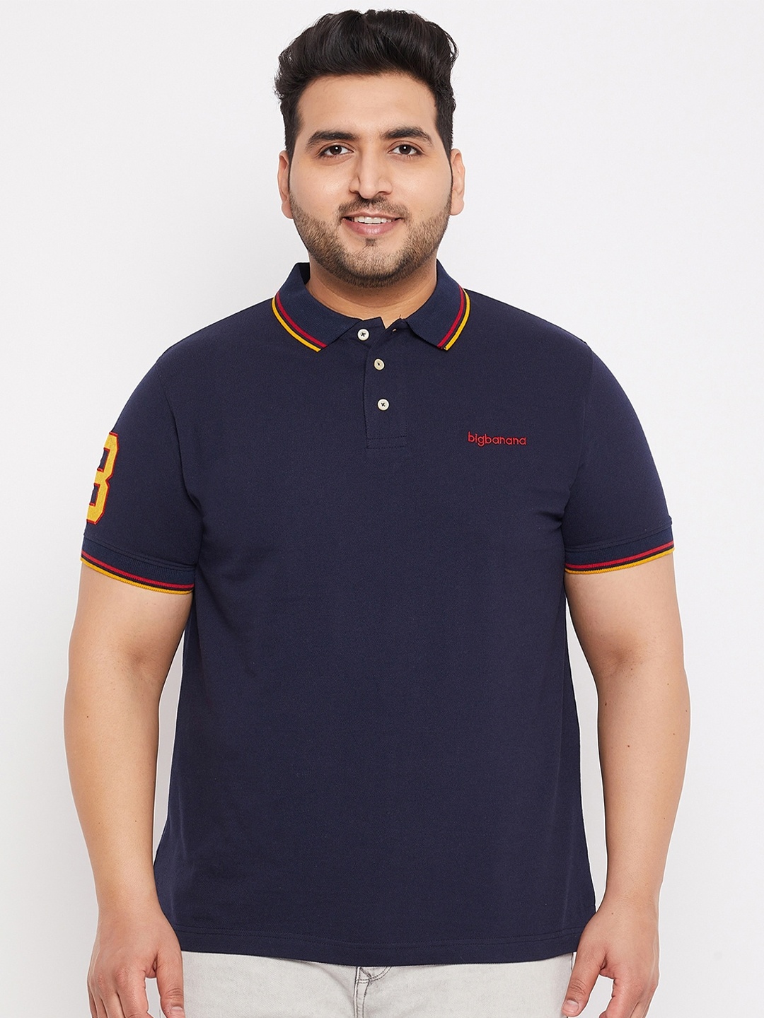 

bigbanana Men Plus Size Navy Blue Polo Collar Bio Finish T-shirt