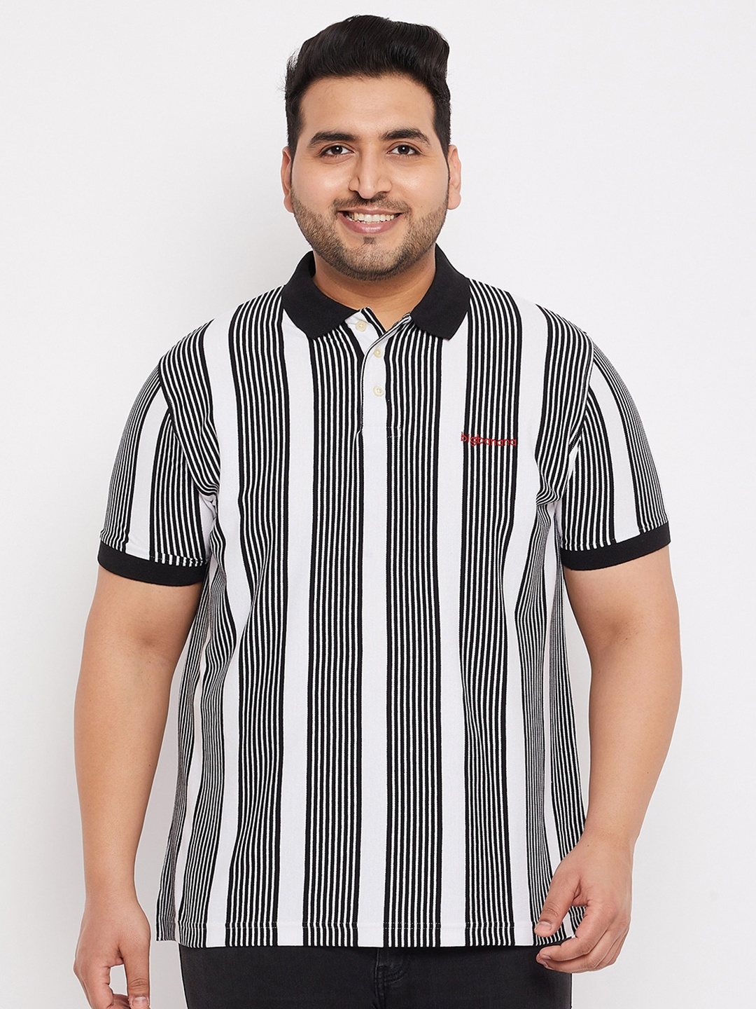 

bigbanana Plus Size Men White Striped Polo Collar Cotton T-shirt