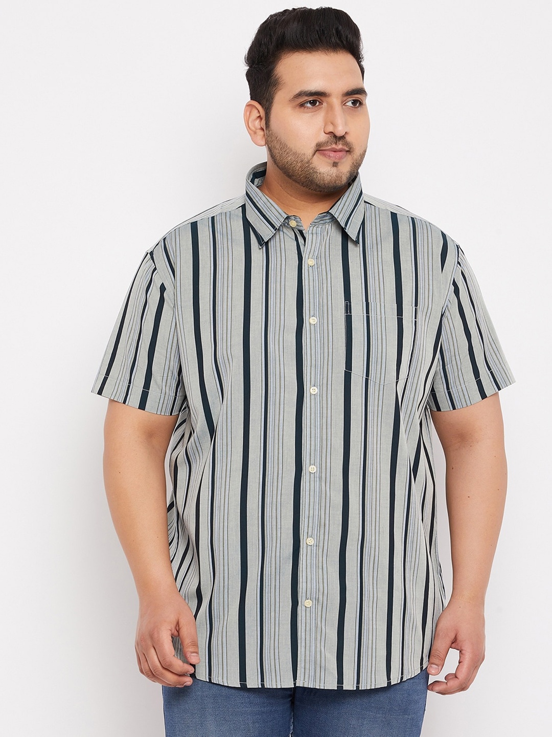 

bigbanana Plus Size Men Grey & Black Comfort Striped Casual Shirt