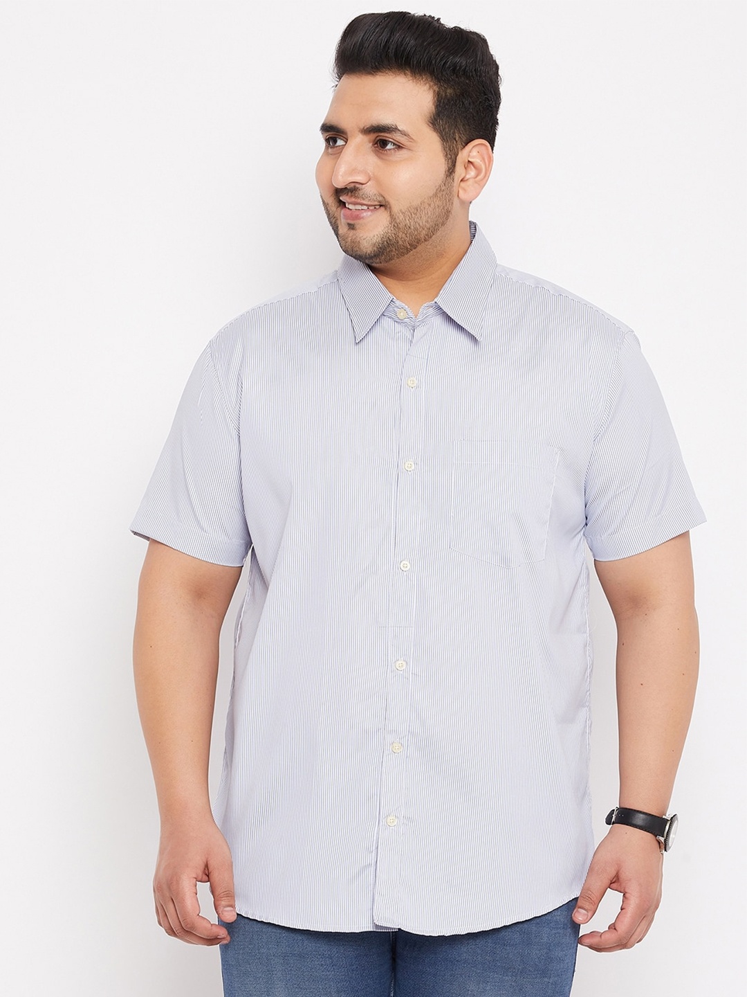 

bigbanana Men Blue Plus Size Comfort Regular Fit Pinstripes Striped Casual Shirt