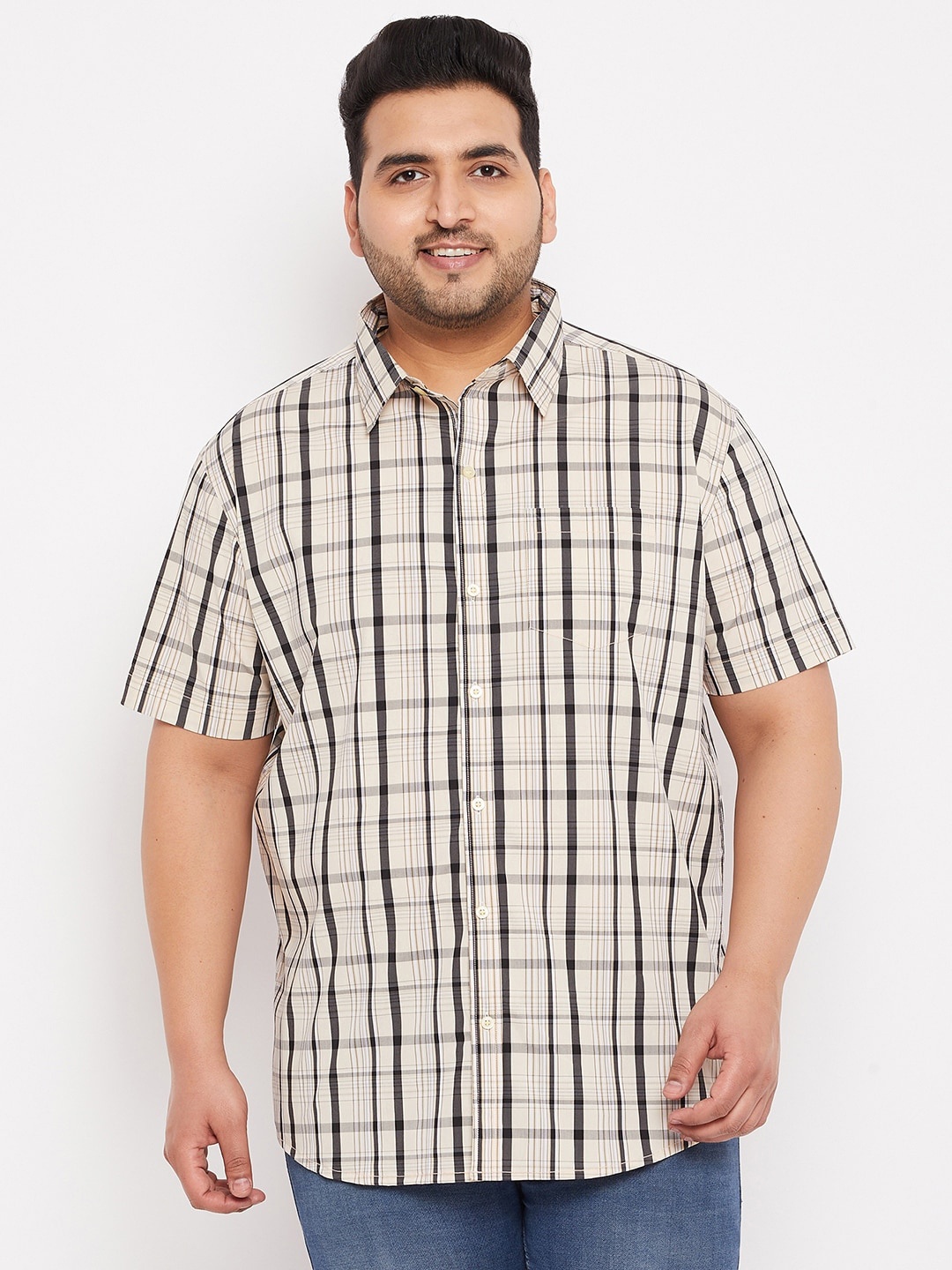

bigbanana Plus Size Men Beige & Black Checked Cotton Casual Shirt
