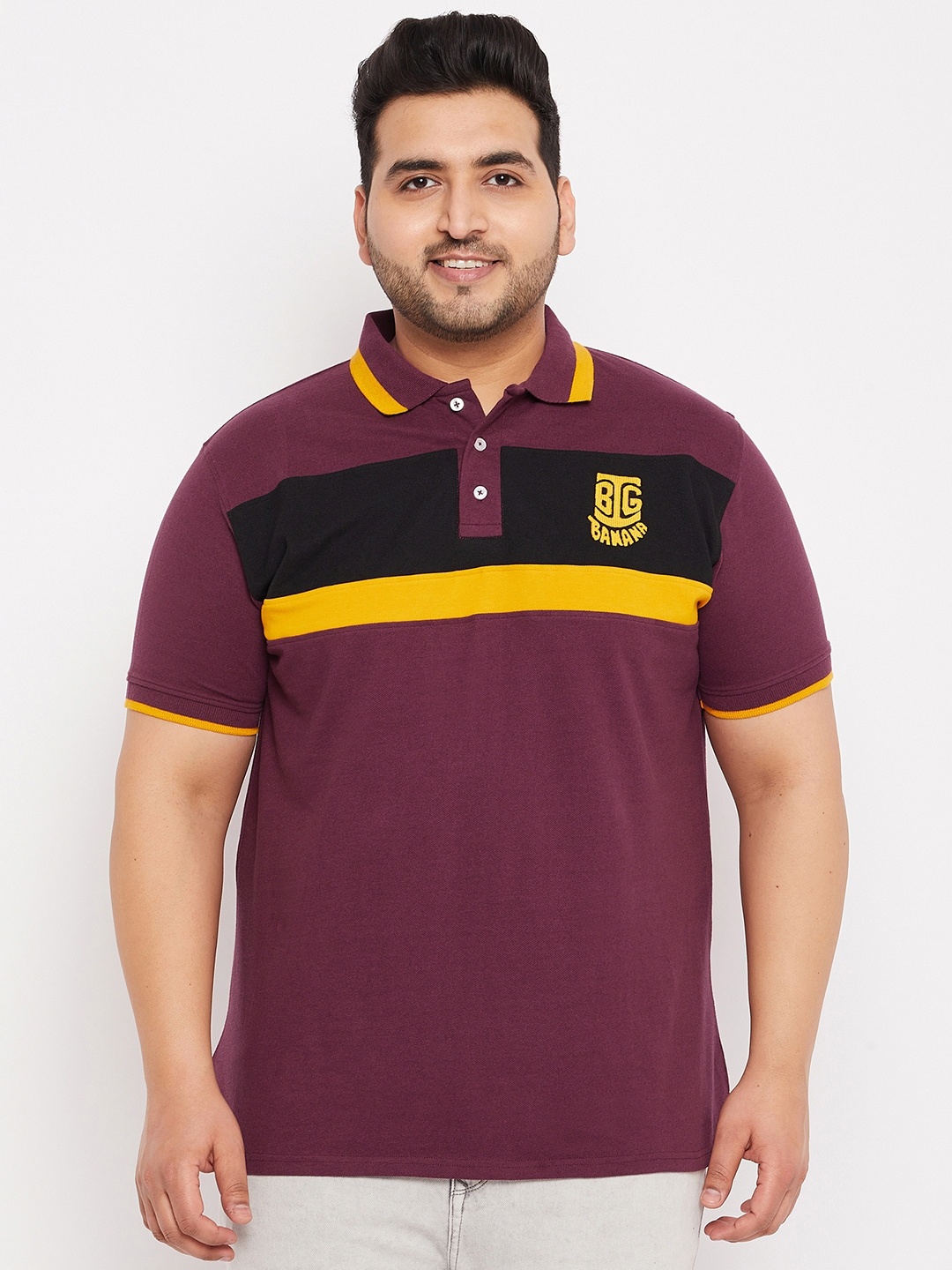 

bigbanana Plus Size Men Maroon & Yellow Colourblocked Polo Collar Bio Finish T-shirt